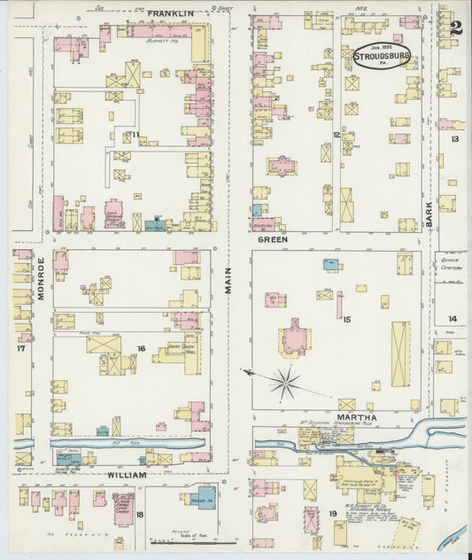 Sanborn Fire Insurance Map from Stroudsburg, Monroe County, Pennsylvania (1892), Sheet #0002 - Historic Sanborn Fire Insurance Map Print, vintage old map wall art, antique decor, genealogy gift, Pennsylvania Pennsylvania map
