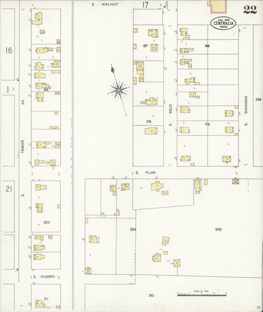 Sanborn Fire Insurance Map from Centralia, Lewis County, Washington (1909), Sheet #0022 - Historic Sanborn Fire Insurance Map Print, vintage old map wall art, antique decor, genealogy gift, Washington Washington map