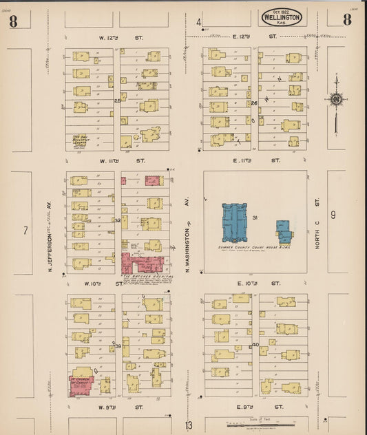 Sanborn Fire Insurance Map from Wellington, Sumner County, Kansas (1922), Sheet #0008 - Historic Sanborn Fire Insurance Map Print, vintage old map wall art, antique decor, genealogy gift, Kansas Kansas map