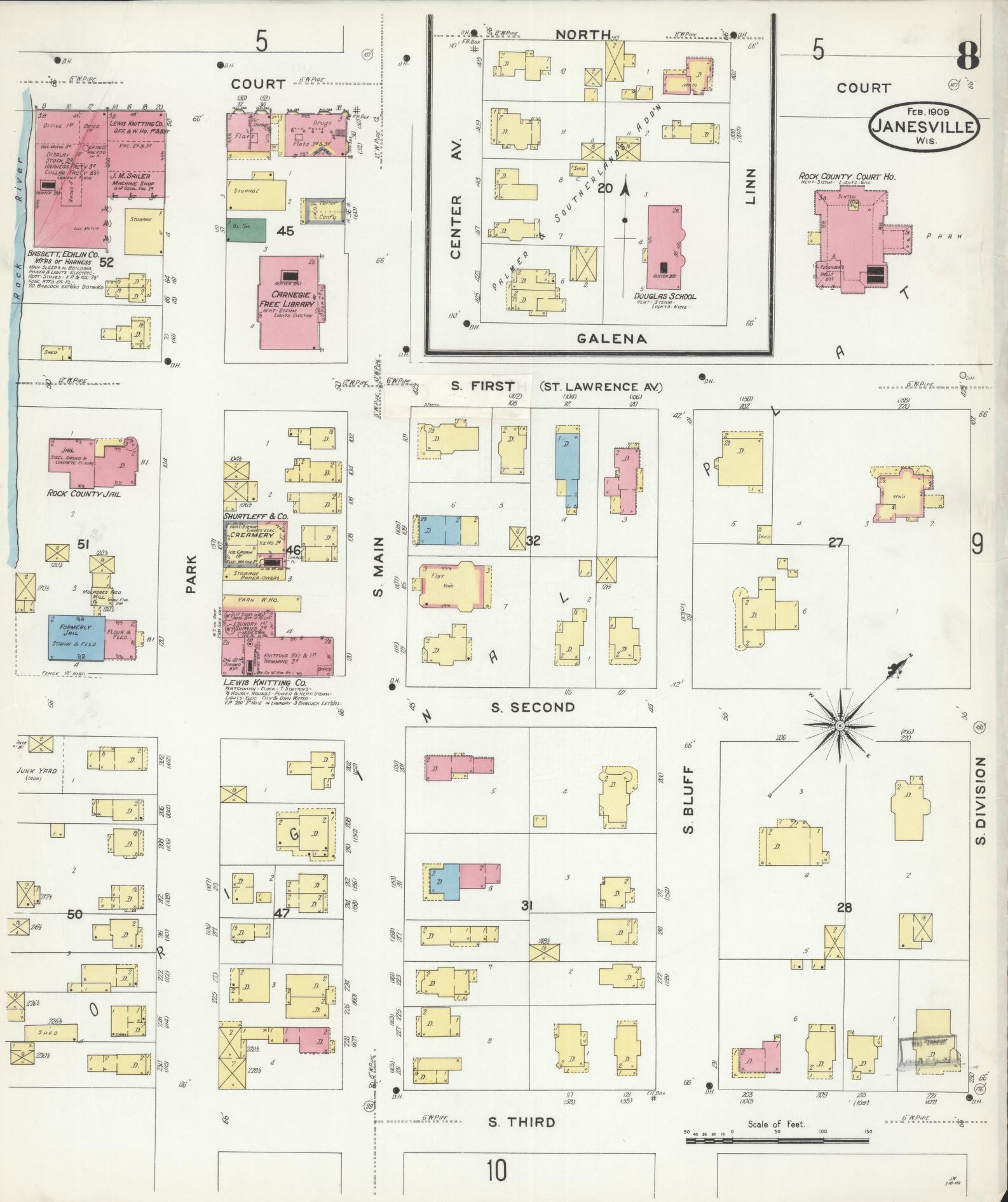 Sanborn Fire Insurance Map from Janesville, Rock County, Wisconsin (1909), Sheet #0008 - Historic Sanborn Fire Insurance Map Print, vintage old map wall art, antique decor, genealogy gift, Wisconsin Wisconsin map