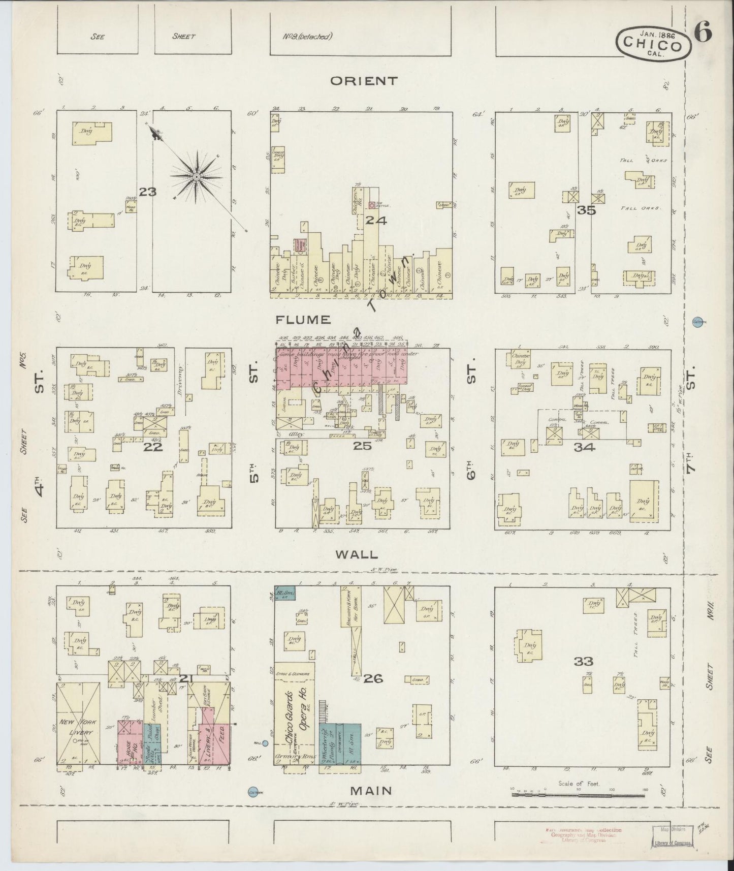 Sanborn Fire Insurance Map from Chico, Butte County, California (1886), Sheet #0006 - Complete Map Set gallery image, historic Sanborn map, vintage wall art, California California