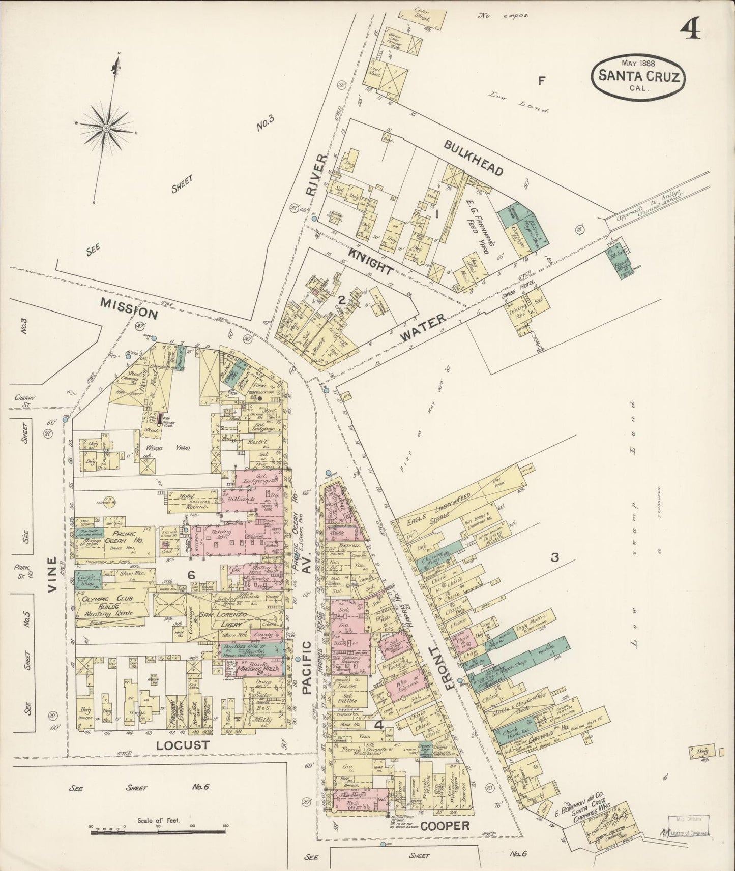 Sanborn Fire Insurance Map from Santa Cruz, Santa Cruz County, California (1888), Sheet #0004 - Complete Map Set gallery image, historic Sanborn map, vintage wall art, California California