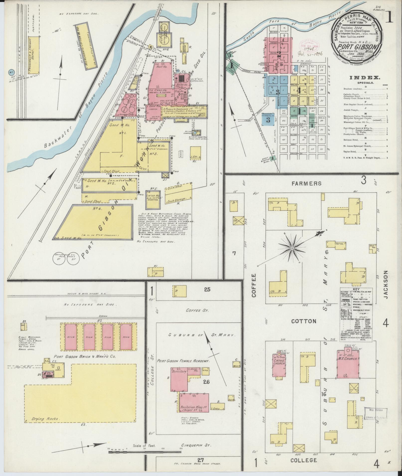 Sanborn Fire Insurance Map from Port Gibson, Claiborne County, Mississippi (1896), Sheet #0001 - Historic Sanborn Fire Insurance Map Print, vintage old map wall art, antique decor, genealogy gift, Mississippi Mississippi map
