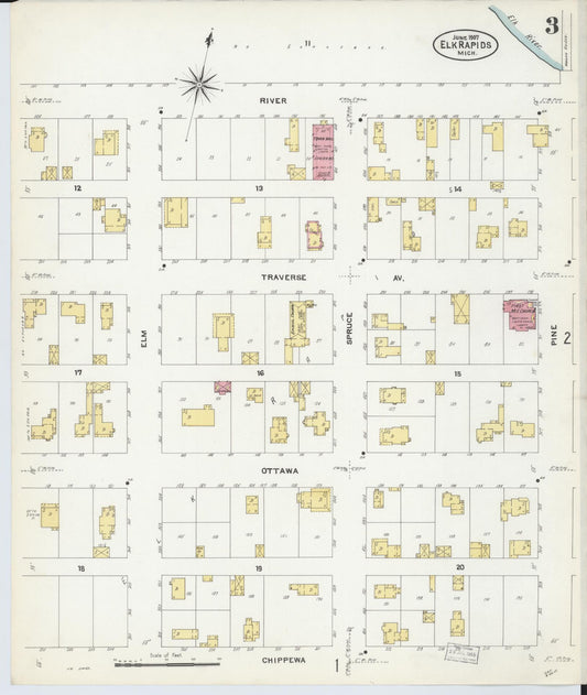 Sanborn Fire Insurance Map from Elk Rapids, Antrim County, Michigan (1907), Sheet #0003 - Historic Sanborn Fire Insurance Map Print, vintage old map wall art, antique decor, genealogy gift, Michigan Michigan map