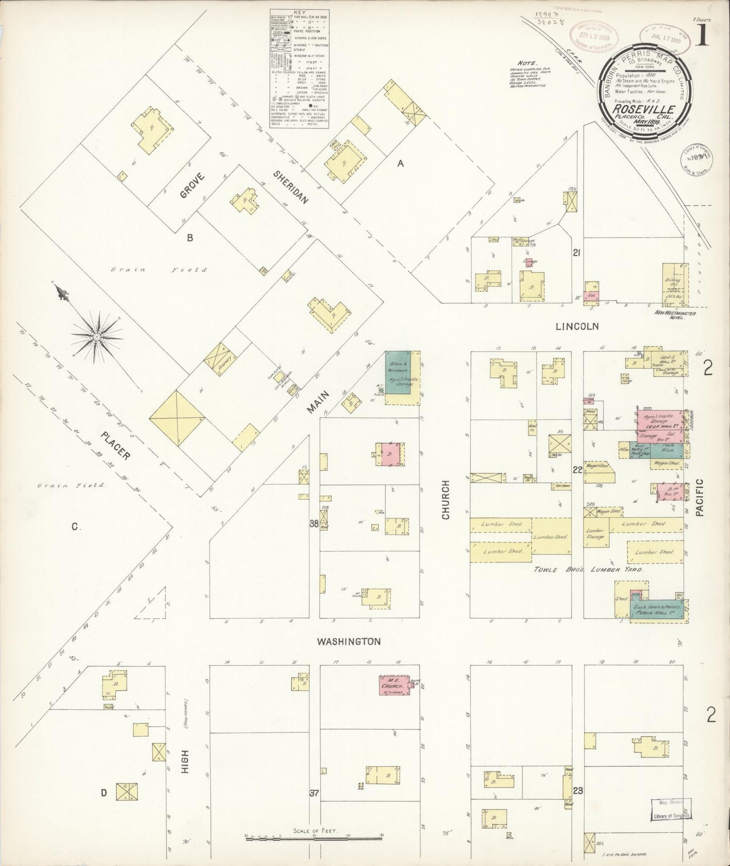 Sanborn Fire Insurance Map from Roseville, Placer County, California (1899), Sheet #0001 - Complete Map Set gallery image, historic Sanborn map, vintage wall art, California California