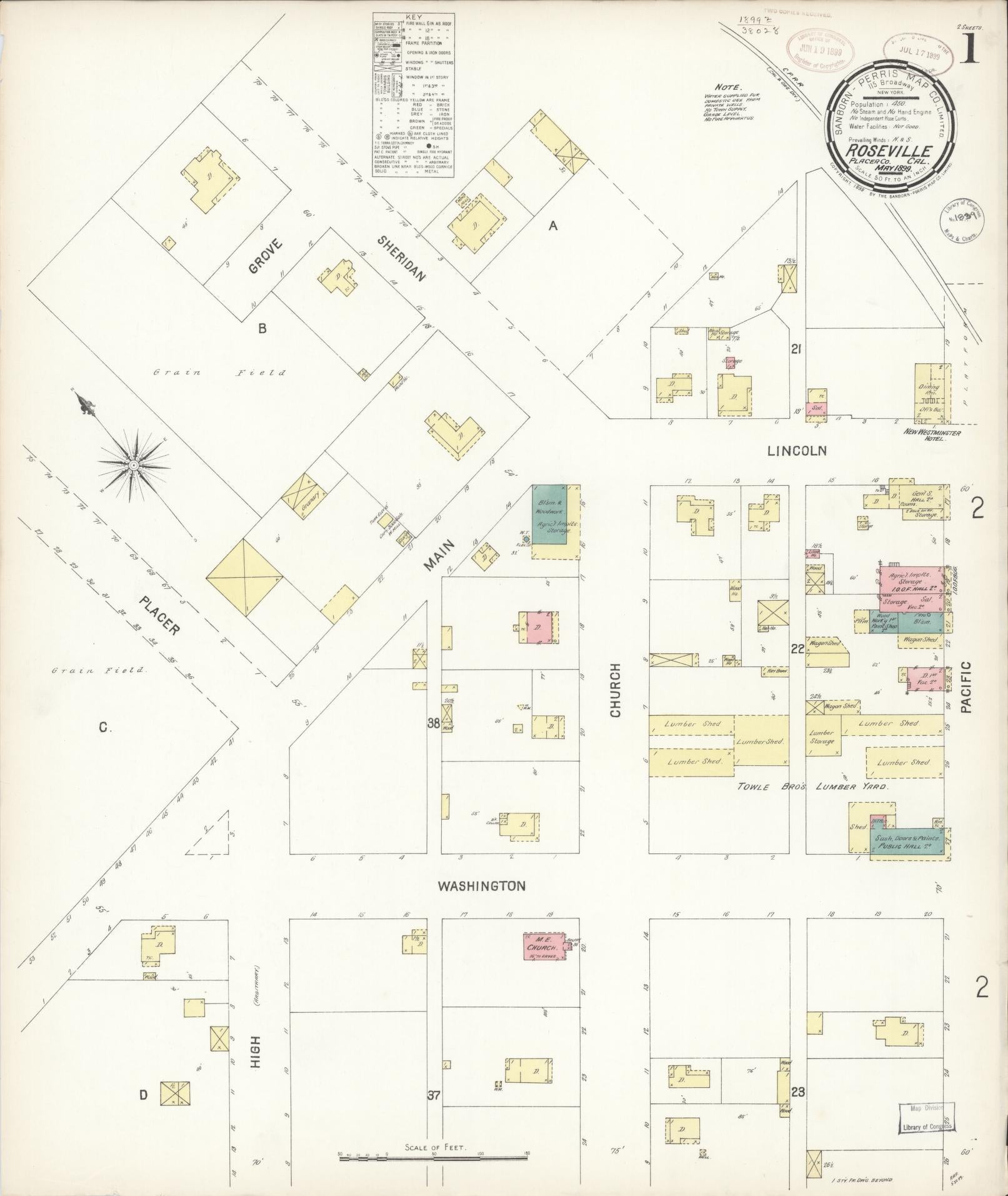 Sanborn Fire Insurance Map from Roseville, Placer County, California (1899), Sheet #0001 - Complete Map Set gallery image, historic Sanborn map, vintage wall art, California California