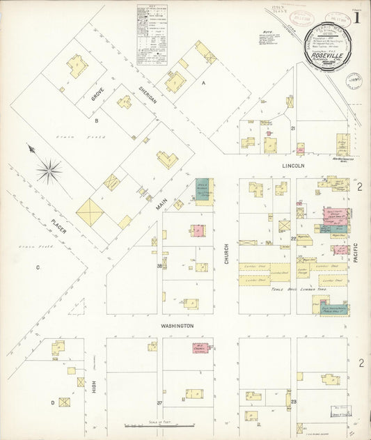 Sanborn Fire Insurance Map from Roseville, Placer County, California (1899), Sheet #0001 - Complete Map Set gallery image, historic Sanborn map, vintage wall art, California California