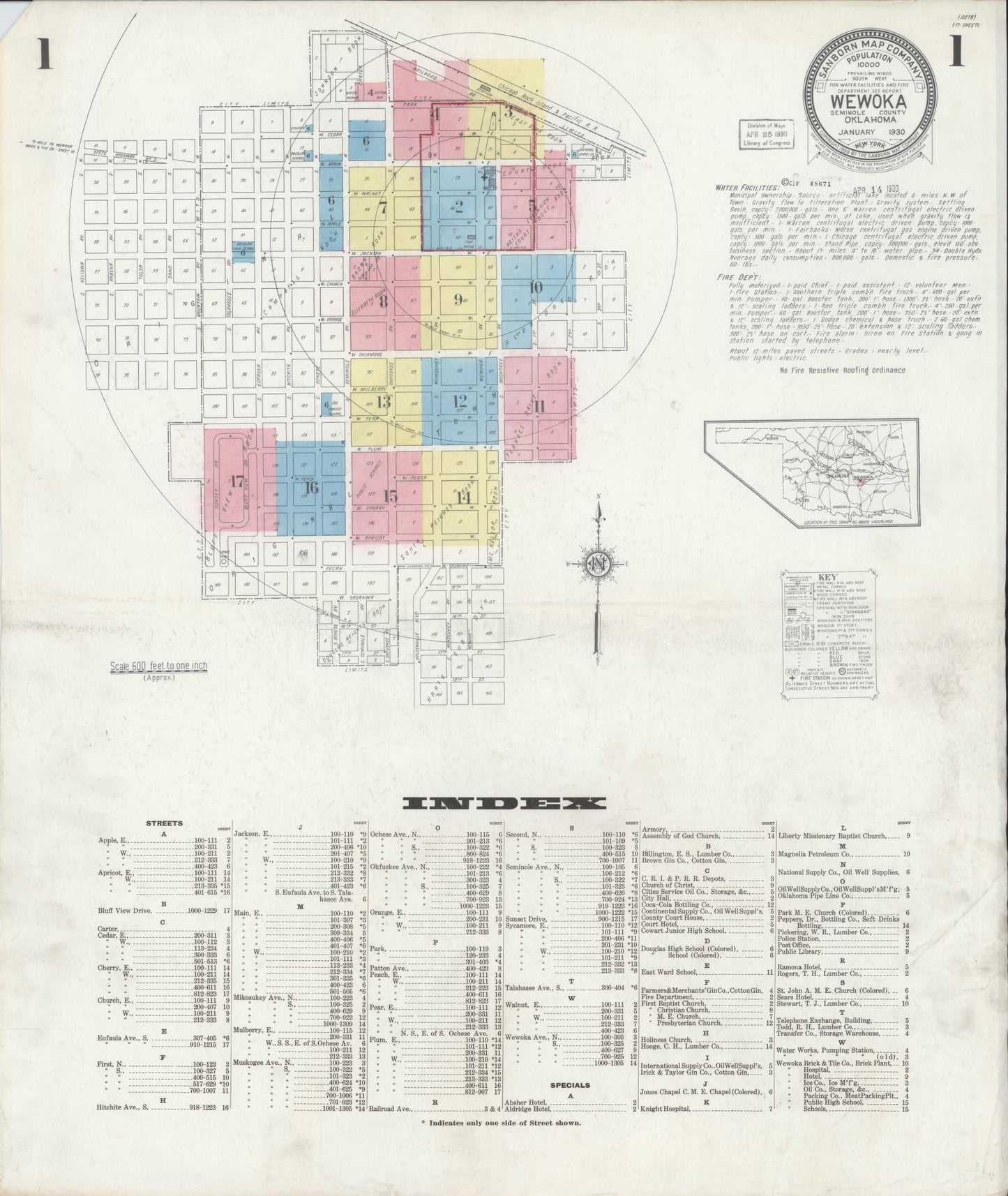Sanborn Fire Insurance Map from Wewoka, Seminole County, Oklahoma (1930), Sheet #0001 - Complete Map Set gallery image, historic Sanborn map, vintage wall art, Oklahoma Oklahoma