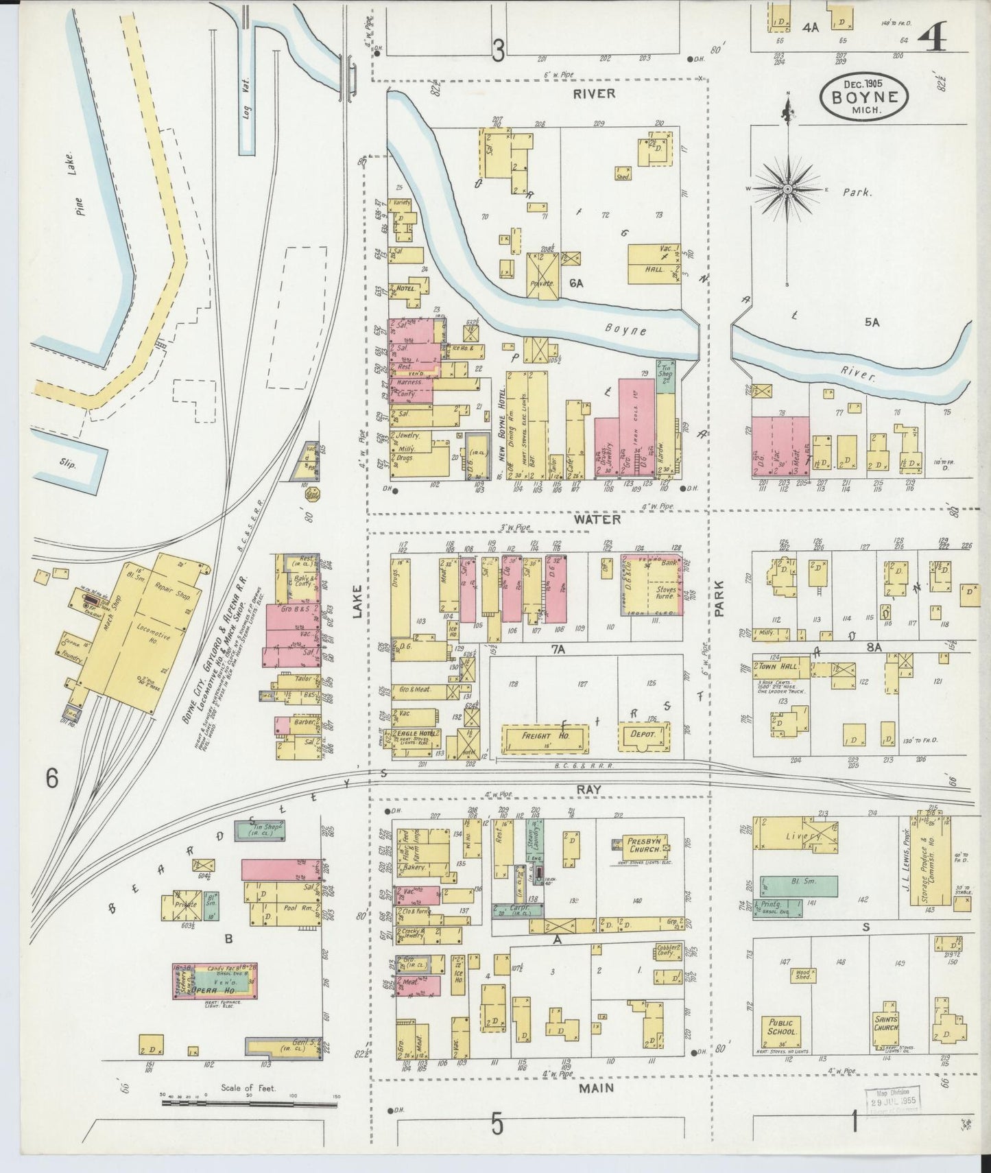 Sanborn Fire Insurance Map from Boyne City, Charlevoix County, Michigan (1905), Sheet #0004 - Historic Sanborn Fire Insurance Map Print, vintage old map wall art, antique decor, genealogy gift, Michigan Michigan map
