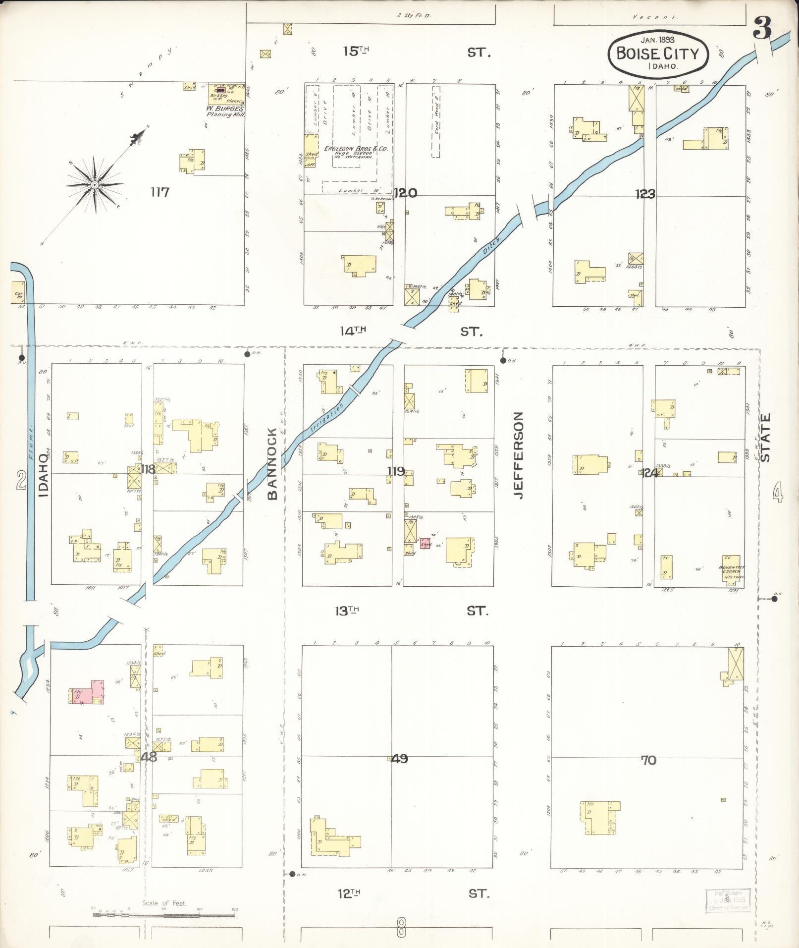 Sanborn Fire Insurance Map from Boise, Ada County, Idaho (1893), Sheet #0003 - Historic Sanborn Fire Insurance Map Print, vintage old map wall art, antique decor, genealogy gift, Idaho Idaho map