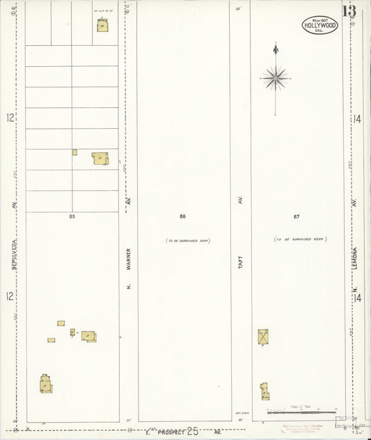 Sanborn Fire Insurance Map from Hollywood, Los Angeles County, California (1907), Sheet #0013 - Historic Sanborn Fire Insurance Map Print, vintage old map wall art, antique decor, genealogy gift, California California map