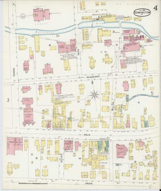 Sanborn Fire Insurance Map from Bennington, Bennington County, Vermont (1896), Sheet #0004 - Historic Sanborn Fire Insurance Map Print, vintage old map wall art, antique decor, genealogy gift, Vermont Vermont map