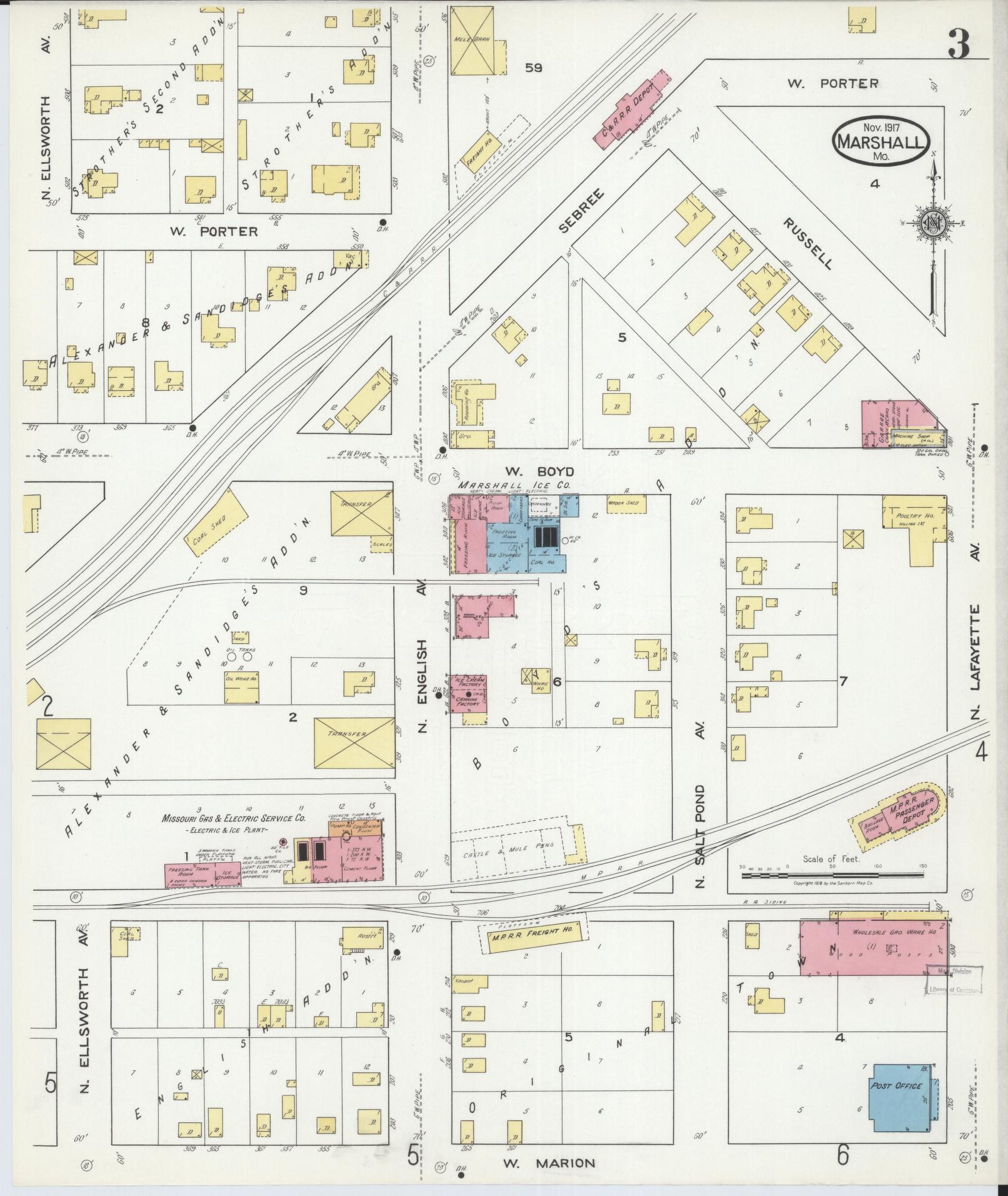 Sanborn Fire Insurance Map from Marshall, Saline County, Missouri (1917), Sheet #0003 - Historic Sanborn Fire Insurance Map Print, vintage old map wall art, antique decor, genealogy gift, Missouri Missouri map