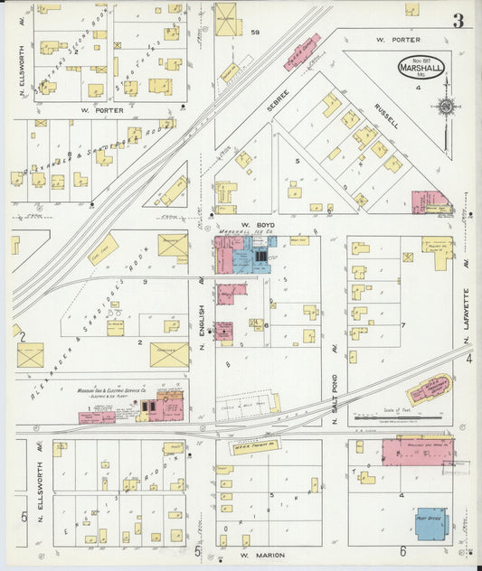 Sanborn Fire Insurance Map from Marshall, Saline County, Missouri (1917), Sheet #0003 - Historic Sanborn Fire Insurance Map Print, vintage old map wall art, antique decor, genealogy gift, Missouri Missouri map