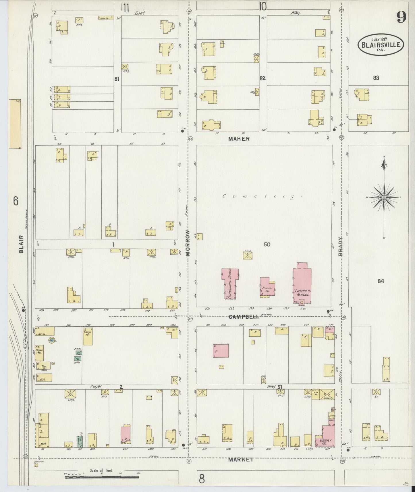 Sanborn Fire Insurance Map from Blairsville, Indiana County, Pennsylvania (1897), Sheet #0009 - Historic Sanborn Fire Insurance Map Print, vintage old map wall art, antique decor, genealogy gift, Pennsylvania Pennsylvania map