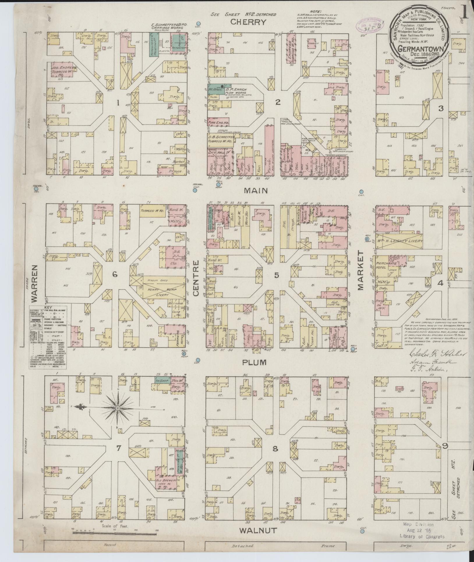 Sanborn Fire Insurance Map from Germantown, Montgomery County, Ohio (1886), Sheet #0001 - Historic Sanborn Fire Insurance Map Print, vintage old map wall art, antique decor, genealogy gift, Ohio Ohio map