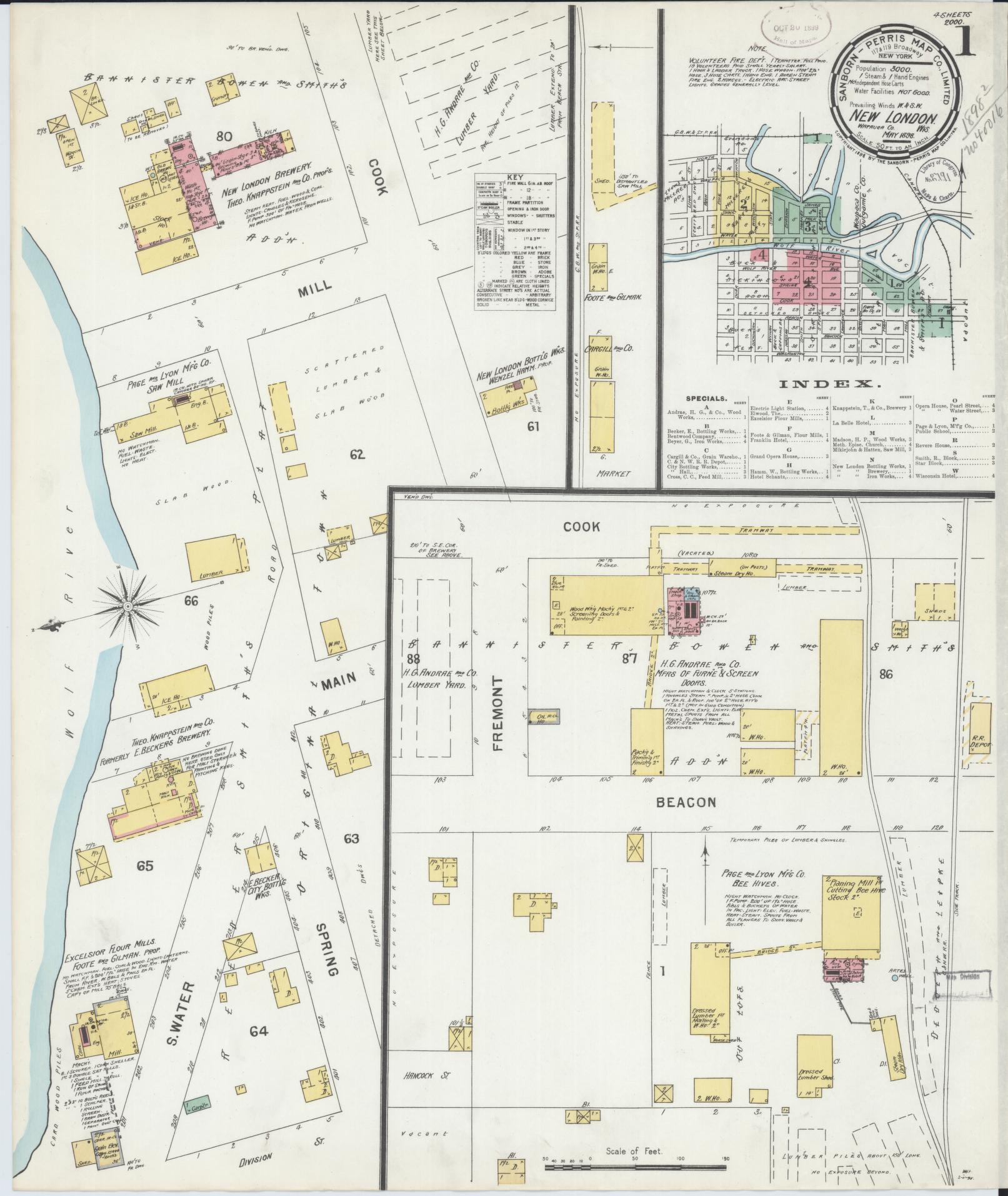 Sanborn Fire Insurance Map from New London, Waupaca and Outagamie Counties, Wisconsin (1898), Sheet #0001 - Historic Sanborn Fire Insurance Map Print, vintage old map wall art, antique decor, genealogy gift, Wisconsin Wisconsin map