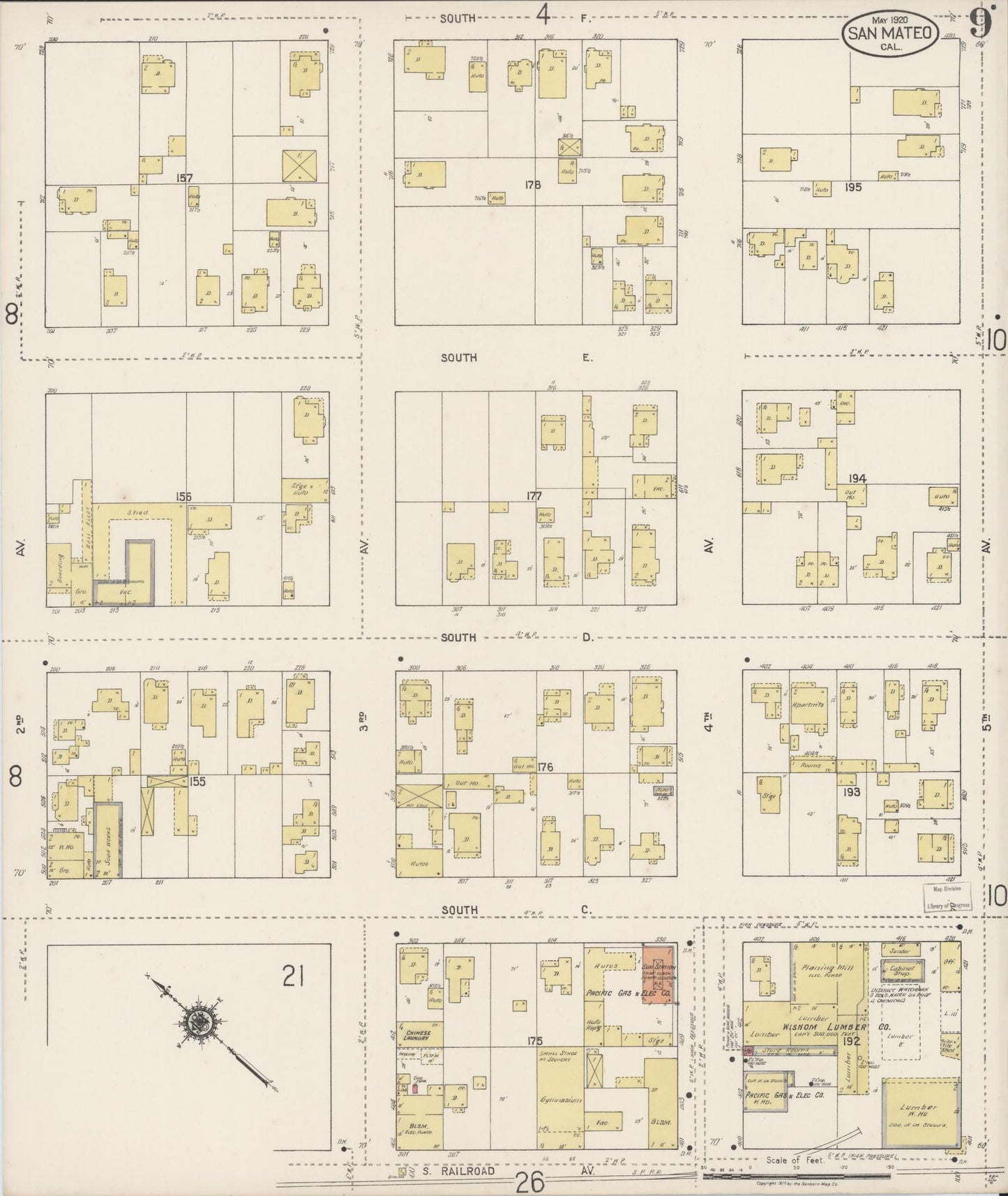Sanborn Fire Insurance Map from San Mateo, San Mateo County, California (1920), Sheet #0009 - Complete Map Set gallery image, historic Sanborn map, vintage wall art, California California