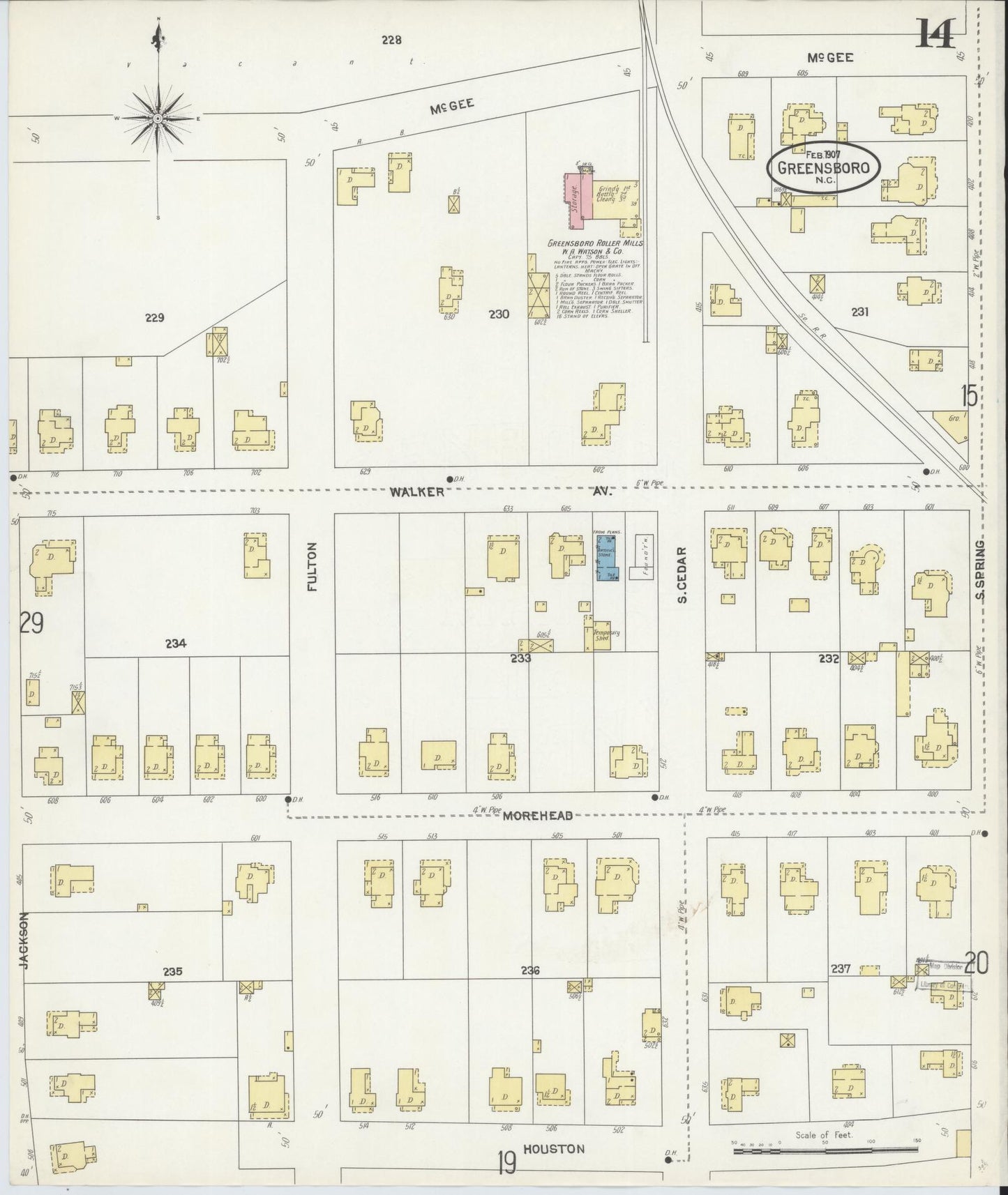 Sanborn Fire Insurance Map from Greensboro, Guilford County, North Carolina (1907), Sheet #0014 - Complete Map Set gallery image, historic Sanborn map, vintage wall art, North Carolina North Carolina
