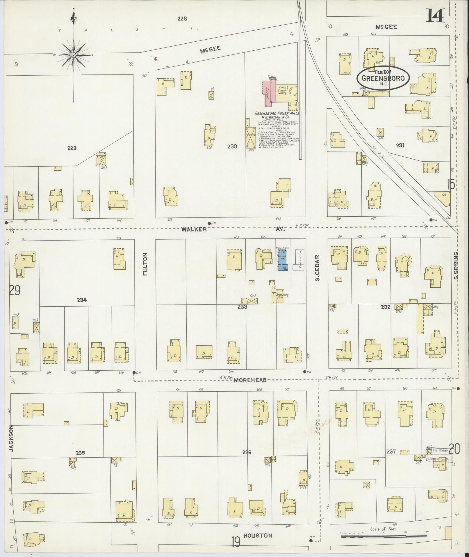 Sanborn Fire Insurance Map from Greensboro, Guilford County, North Carolina (1907), Sheet #0014 - Complete Map Set gallery image, historic Sanborn map, vintage wall art, North Carolina North Carolina