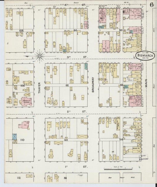 Sanborn Fire Insurance Map from Bismarck, Burleigh County, North Dakota (1888), Sheet #0006 - Historic Sanborn Fire Insurance Map Print, vintage old map wall art, antique decor, genealogy gift, North Dakota North Dakota map
