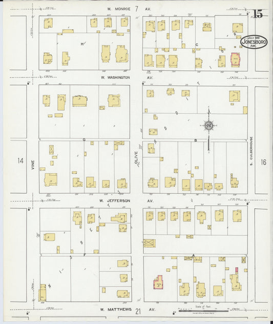 Sanborn Fire Insurance Map from Jonesboro, Craighead County, Arkansas (1919), Sheet #0015 - Historic Sanborn Fire Insurance Map Print, vintage old map wall art, antique decor, genealogy gift, Arkansas Arkansas map