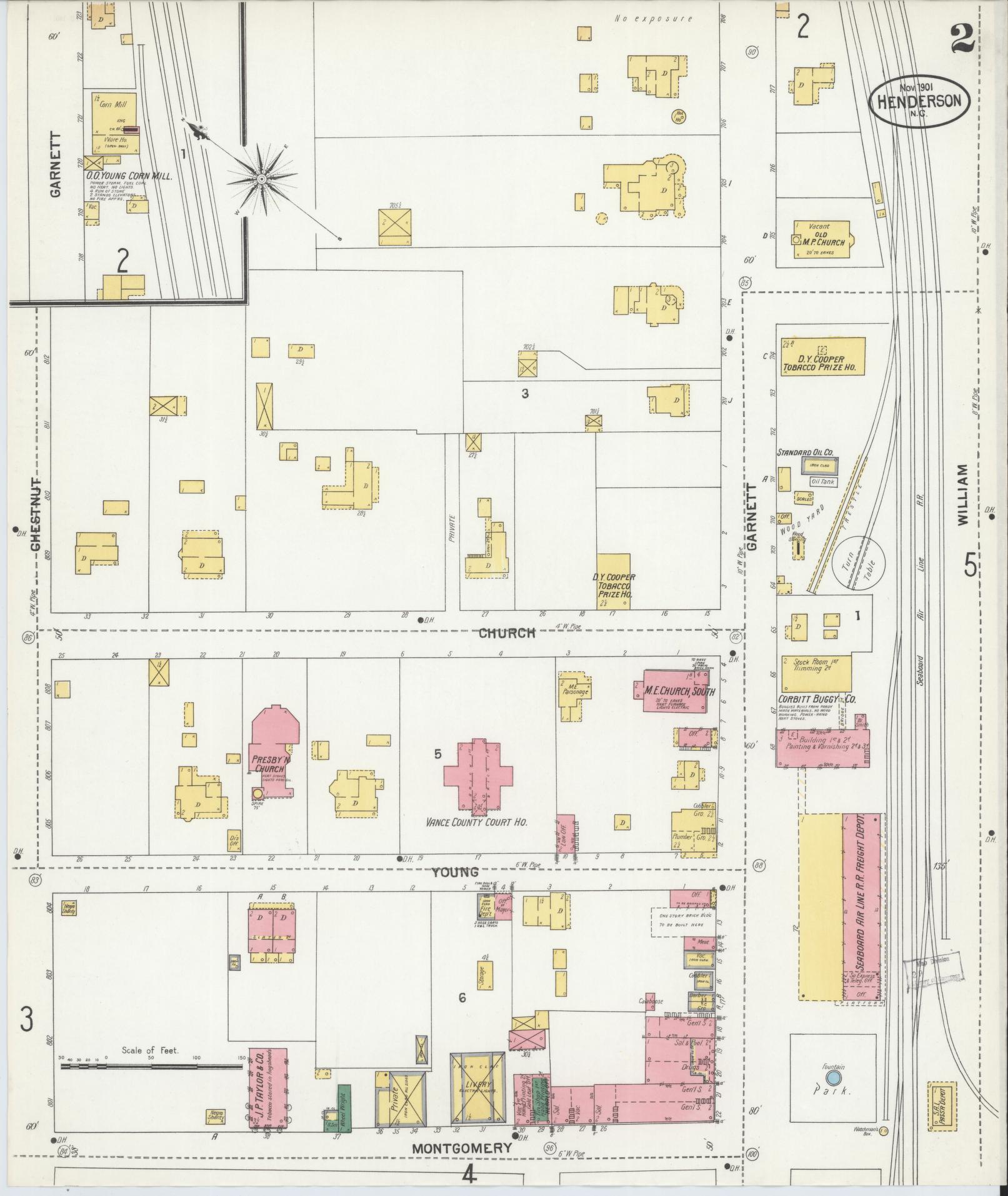 Sanborn Fire Insurance Map from Henderson, Vance County, North Carolina (1901), Sheet #0002 - Complete Map Set gallery image, historic Sanborn map, vintage wall art, North Carolina North Carolina