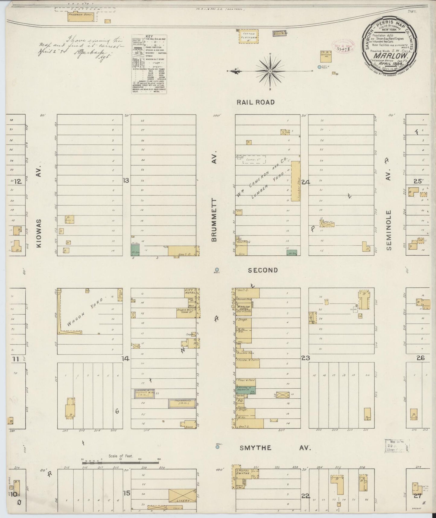Sanborn Fire Insurance Map from Marlow, Stephens County, Oklahoma (1894), Sheet #0001 - Historic Sanborn Fire Insurance Map Print, vintage old map wall art, antique decor, genealogy gift, Oklahoma Oklahoma map