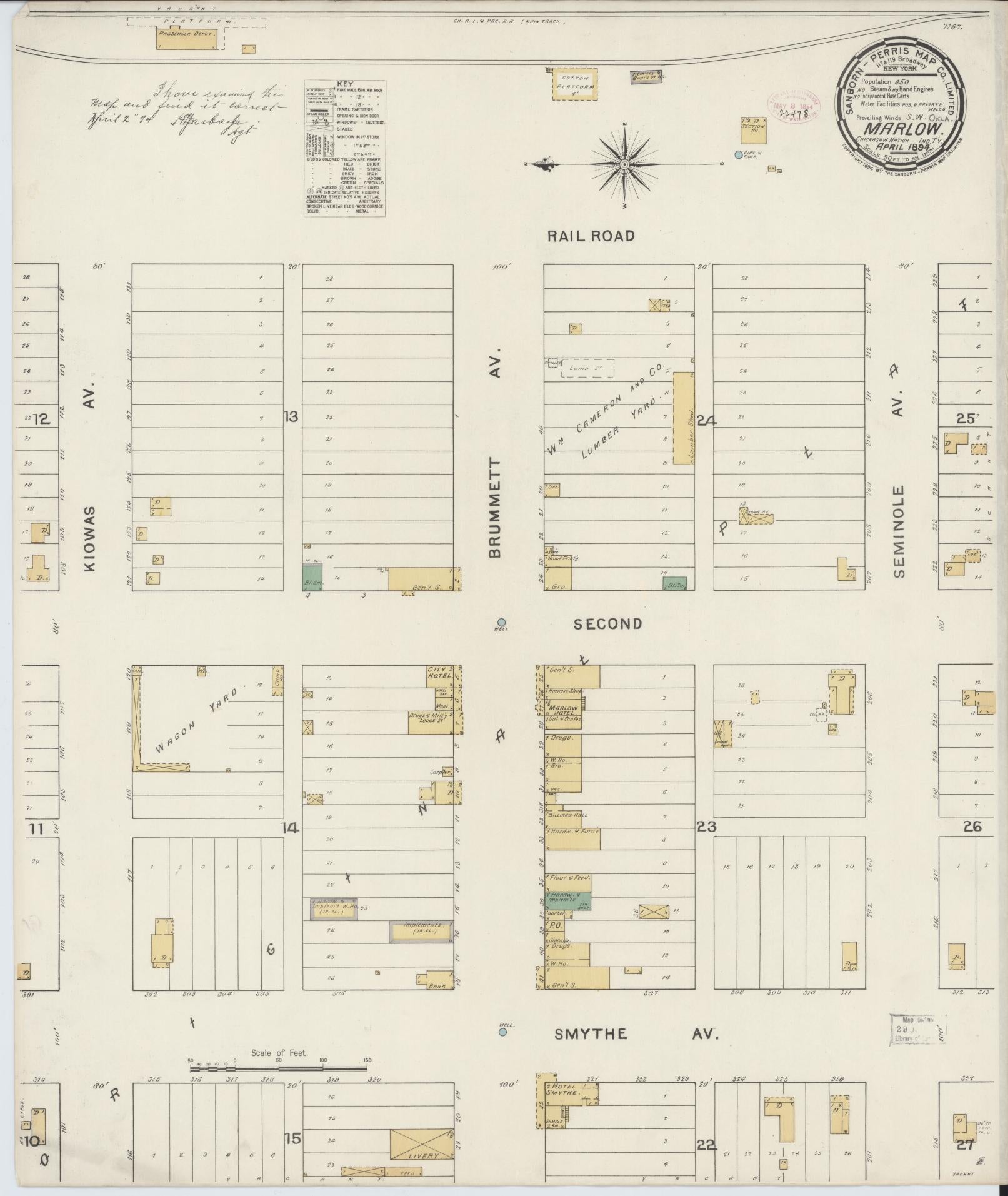 Sanborn Fire Insurance Map from Marlow, Stephens County, Oklahoma (1894), Sheet #0001 - Historic Sanborn Fire Insurance Map Print, vintage old map wall art, antique decor, genealogy gift, Oklahoma Oklahoma map