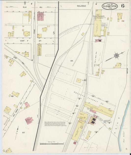Sanborn Fire Insurance Map from Elizabethton, Carter County, Tennessee (1913), Sheet #0006 - Historic Sanborn Fire Insurance Map Print, vintage old map wall art, antique decor, genealogy gift, Tennessee Tennessee map