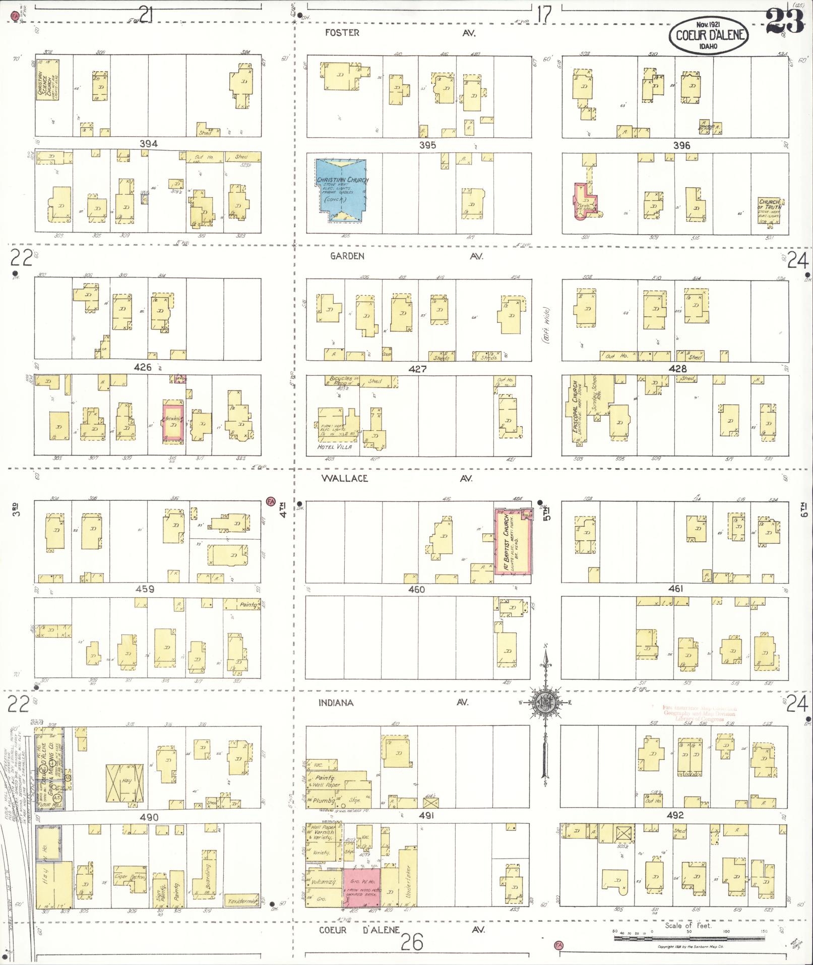 Sanborn Fire Insurance Map from Coeur D'alene, Kootenai County, Idaho (1921), Sheet #0023 - Historic Sanborn Fire Insurance Map Print, vintage old map wall art, antique decor, genealogy gift, Idaho Idaho map
