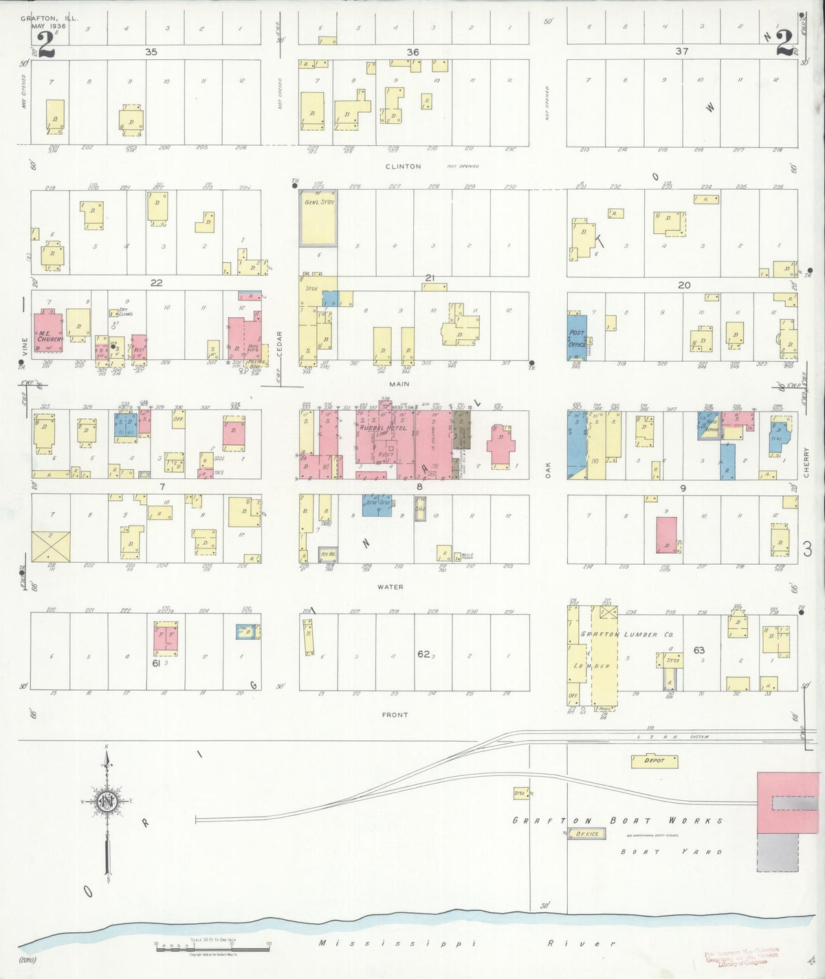 Sanborn Fire Insurance Map from Grafton, Jersey County, Illinois (1936), Sheet #0002 - Historic Sanborn Fire Insurance Map Print, vintage old map wall art, antique decor, genealogy gift, Illinois Illinois map