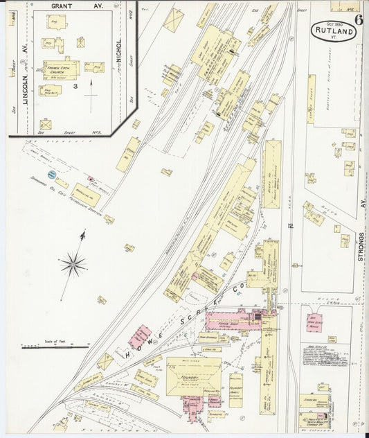 Sanborn Fire Insurance Map from Rutland, Rutland County, Vermont (1890), Sheet #0006 - Historic Sanborn Fire Insurance Map Print, vintage old map wall art, antique decor, genealogy gift, Vermont Vermont map