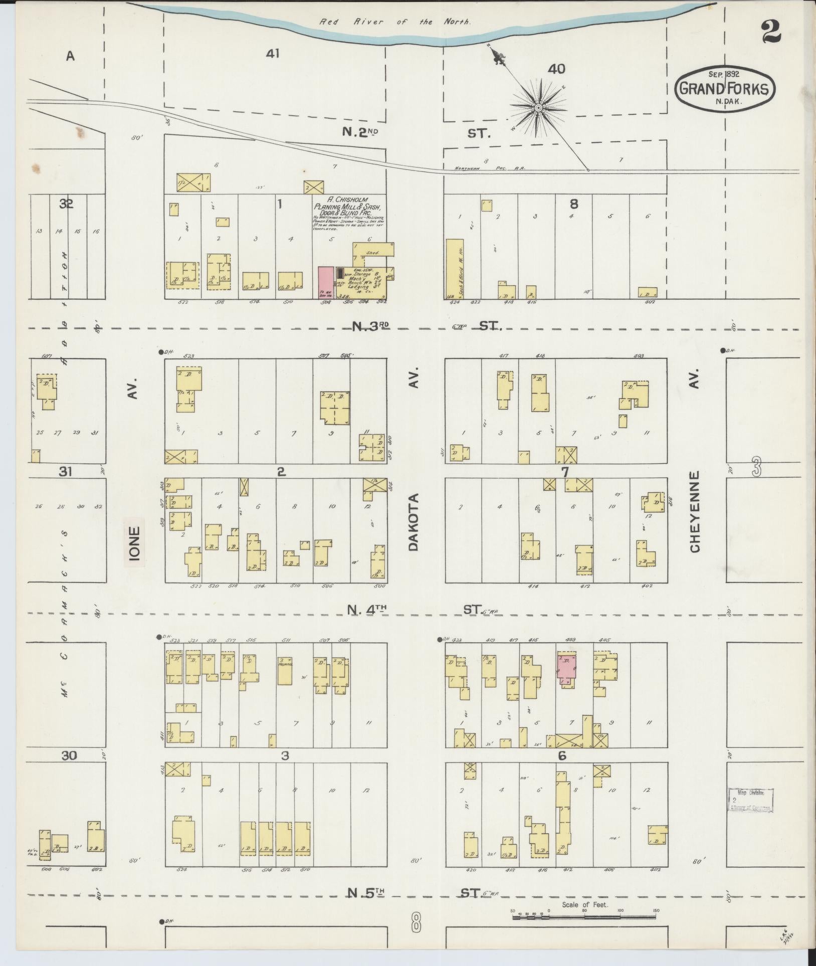Sanborn Fire Insurance Map from Grand Forks, Grand Forks County, North Dakota (1892), Sheet #0002 - Historic Sanborn Fire Insurance Map Print, vintage old map wall art, antique decor, genealogy gift, North Dakota North Dakota map