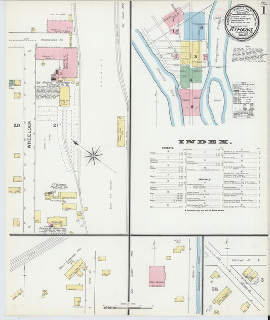 Sanborn Fire Insurance Map from Athens, Bradford County, Pennsylvania (1892), Sheet #0001 - Historic Sanborn Fire Insurance Map Print, vintage old map wall art, antique decor, genealogy gift, Pennsylvania Pennsylvania map