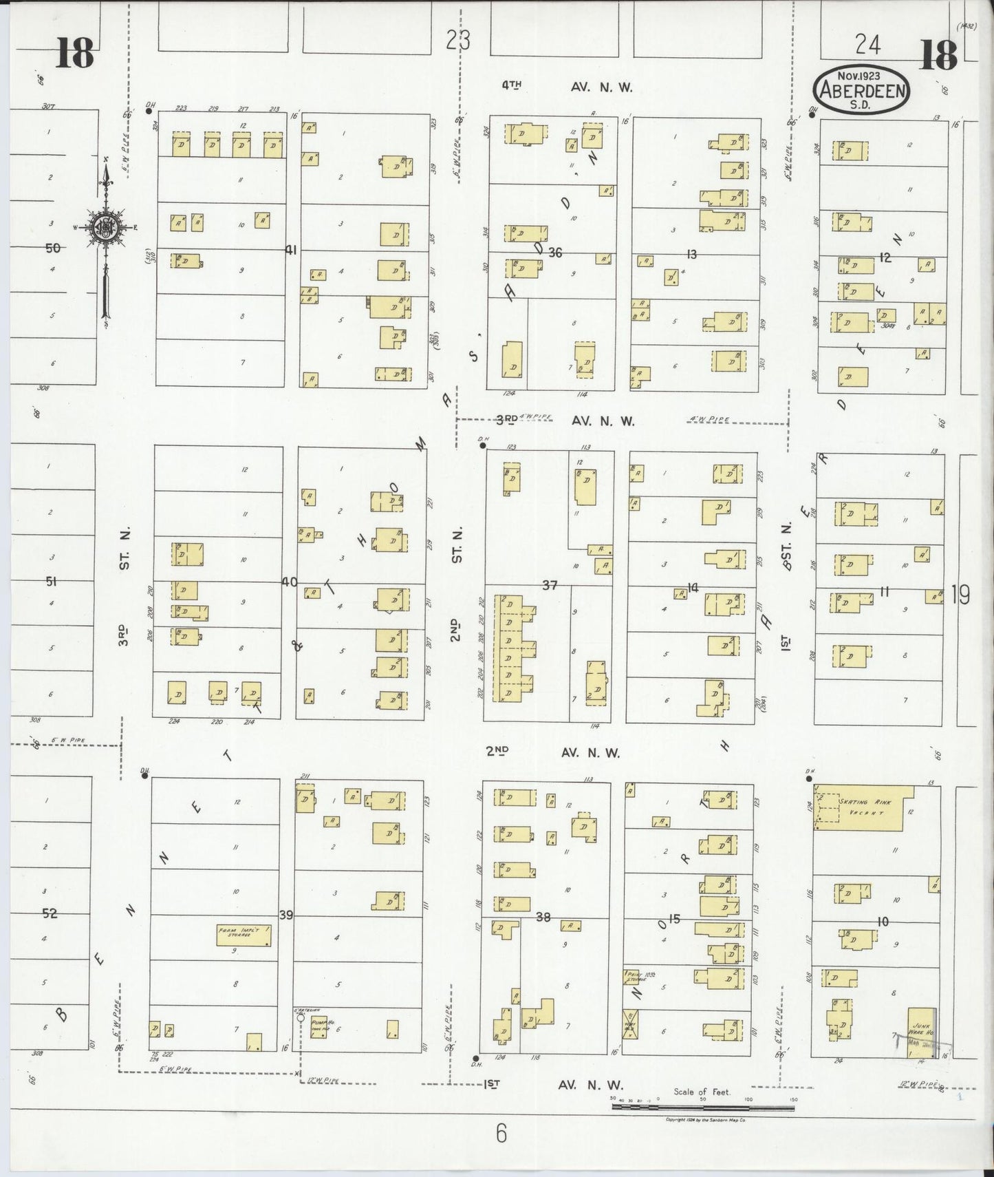 Sanborn Fire Insurance Map from Aberdeen, Brown County, South Dakota (1923), Sheet #0018 - Complete Map Set gallery image, historic Sanborn map, vintage wall art, South Dakota South Dakota