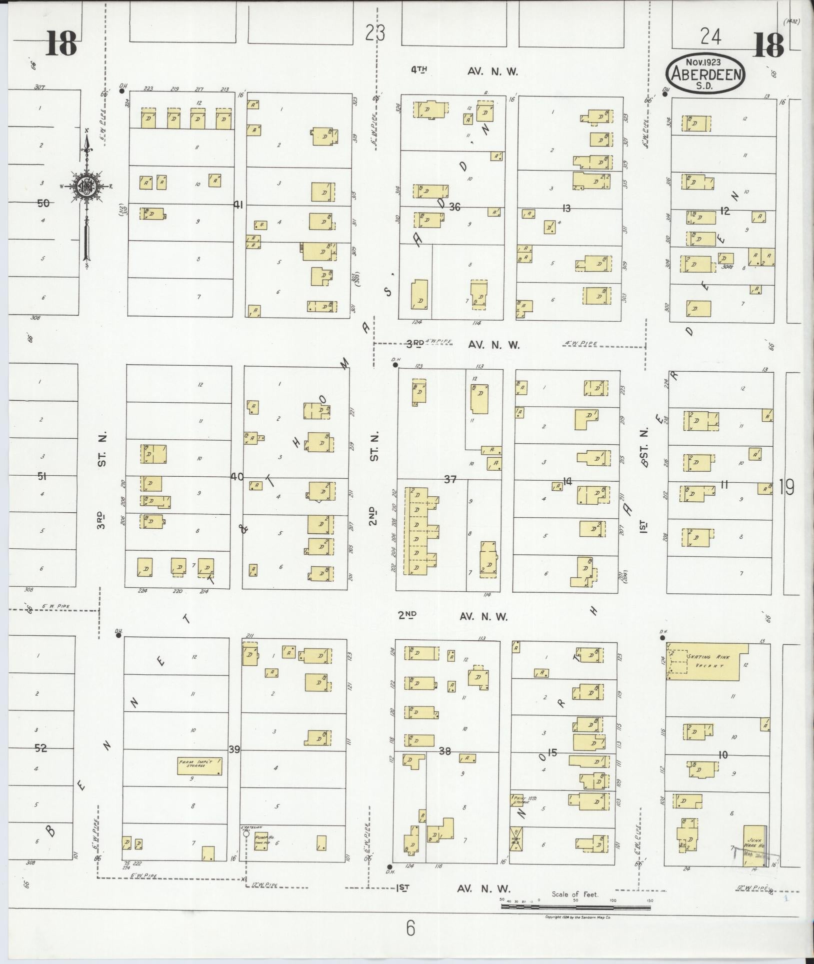 Sanborn Fire Insurance Map from Aberdeen, Brown County, South Dakota (1923), Sheet #0018 - Complete Map Set gallery image, historic Sanborn map, vintage wall art, South Dakota South Dakota