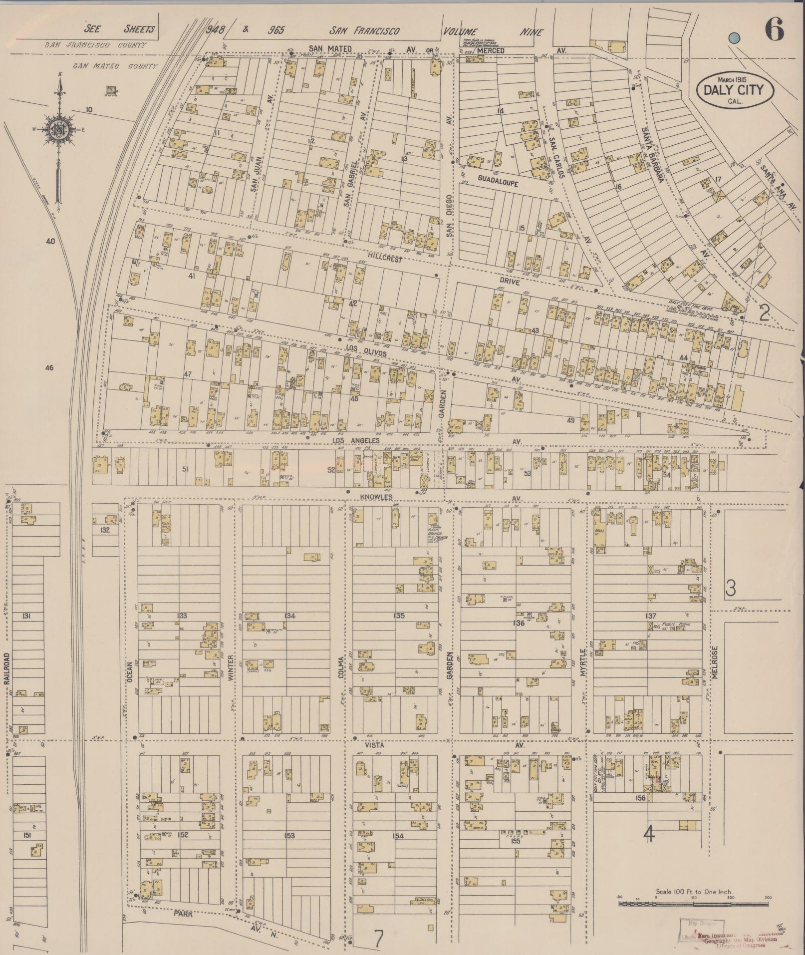 Sanborn Fire Insurance Map from Daly City, San Mateo County, California (1915), Sheet #0006 - Historic Sanborn Fire Insurance Map Print, vintage old map wall art, antique decor, genealogy gift, California California map