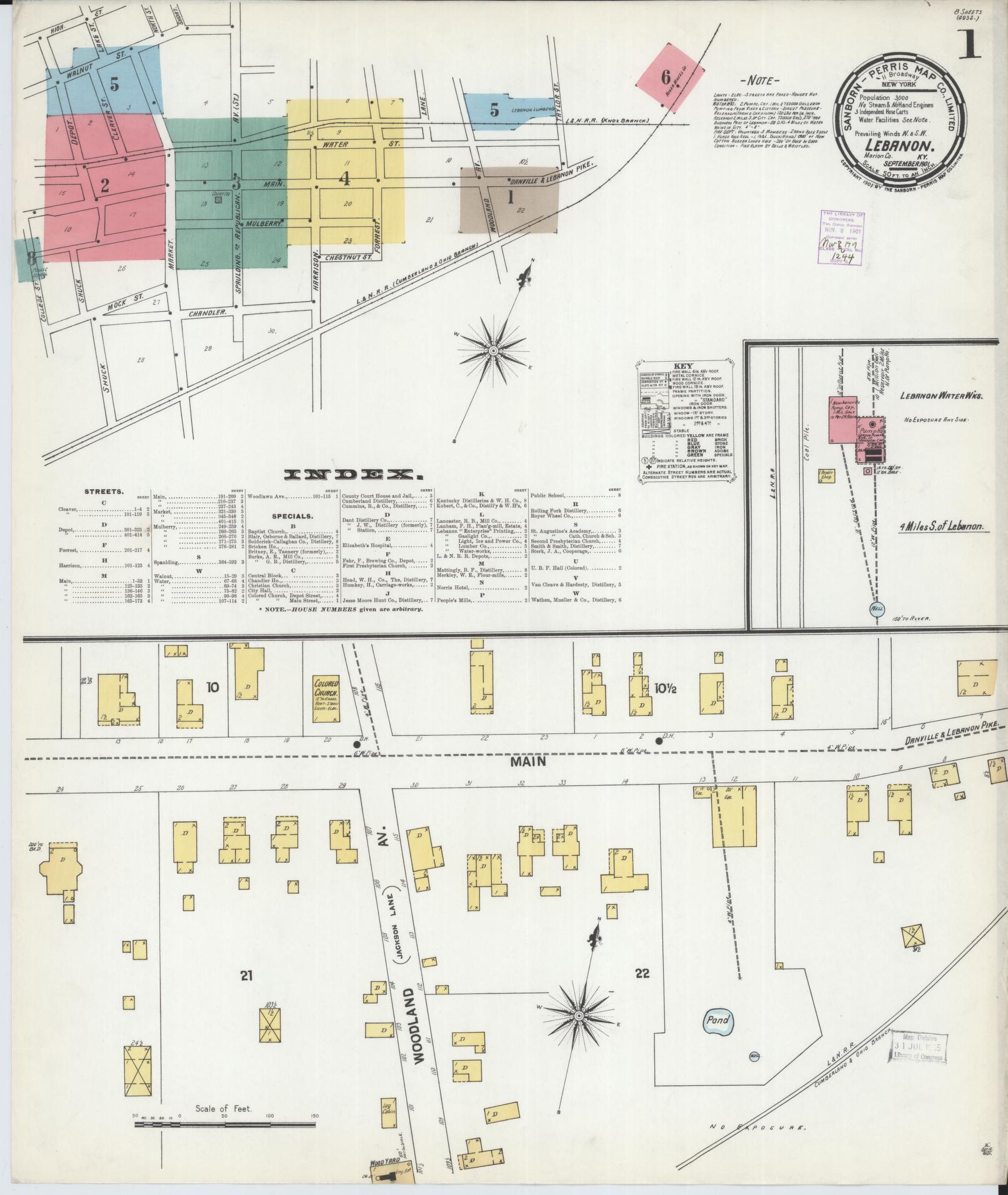 Sanborn Fire Insurance Map from Lebanon, Marion County, Kentucky (1901), Sheet #0001 - Complete Map Set gallery image, historic Sanborn map, vintage wall art, Kentucky Kentucky