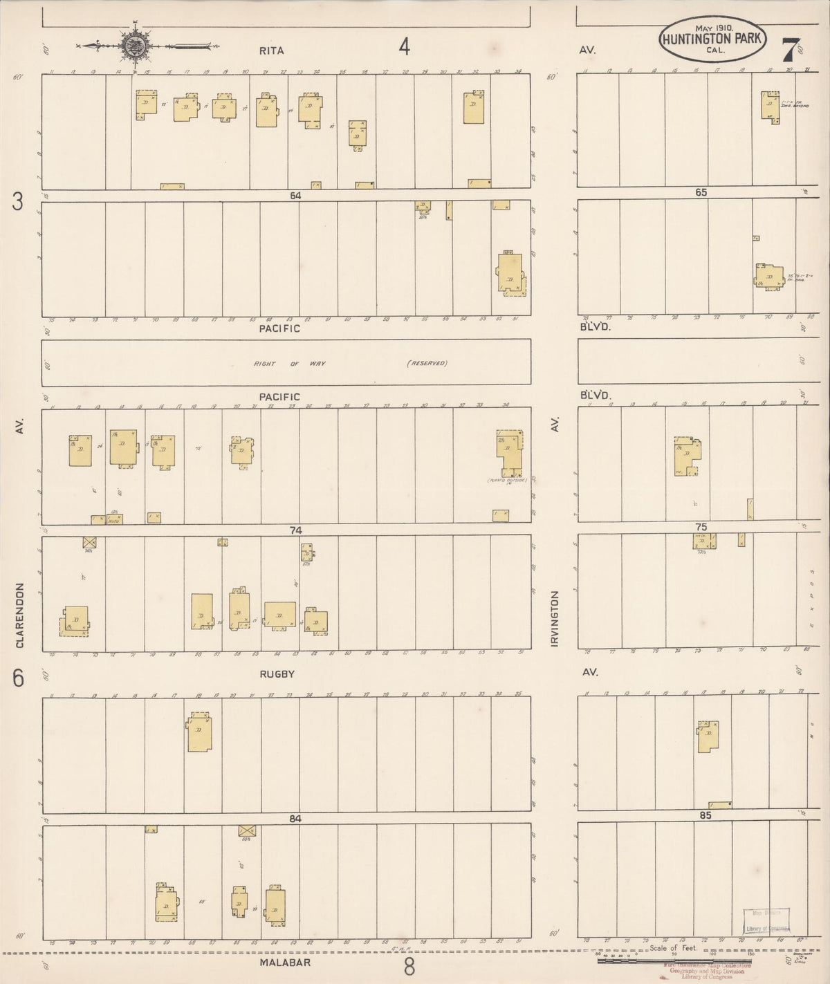 Sanborn Fire Insurance Map from Huntington Park, Los Angeles County, California (1910), Sheet #0007 - Complete Map Set gallery image, historic Sanborn map, vintage wall art, California California