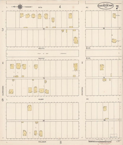 Sanborn Fire Insurance Map from Huntington Park, Los Angeles County, California (1910), Sheet #0007 - Complete Map Set gallery image, historic Sanborn map, vintage wall art, California California
