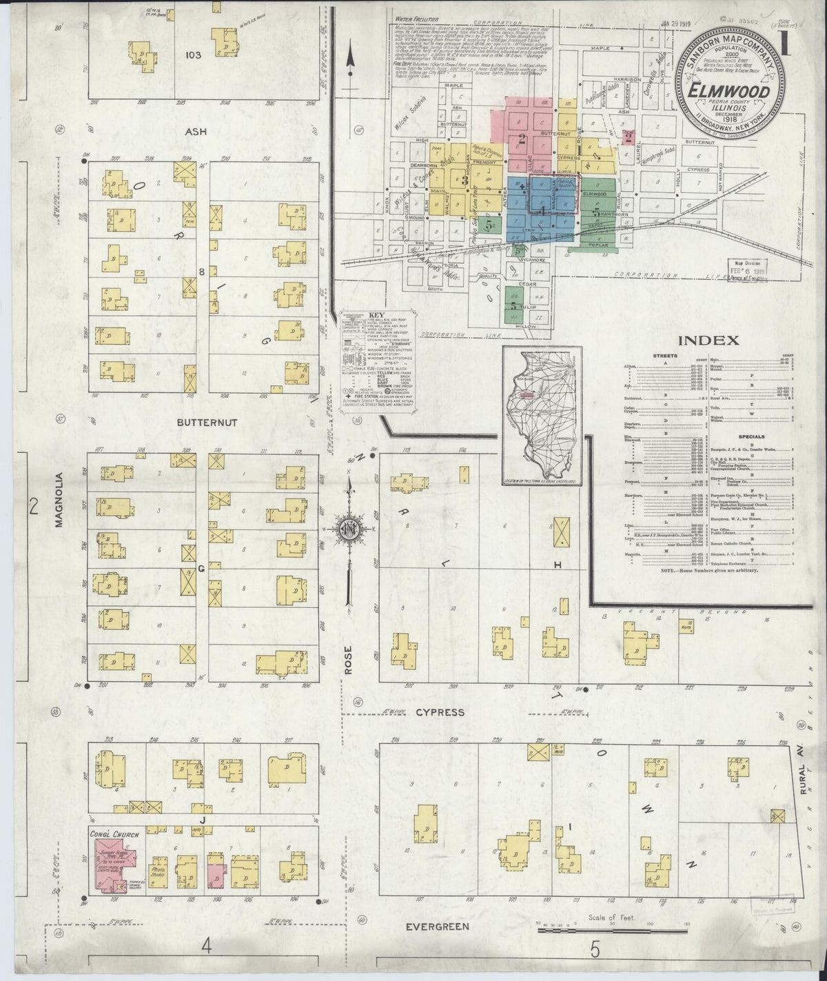 Sanborn Fire Insurance Map from Elmwood, Peoria County, Illinois (1918), Sheet #0001 - Complete Map Set gallery image, historic Sanborn map, vintage wall art, Illinois Illinois
