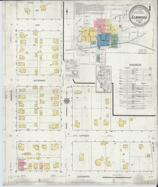 Sanborn Fire Insurance Map from Elmwood, Peoria County, Illinois (1918), Sheet #0001 - Complete Map Set gallery image, historic Sanborn map, vintage wall art, Illinois Illinois