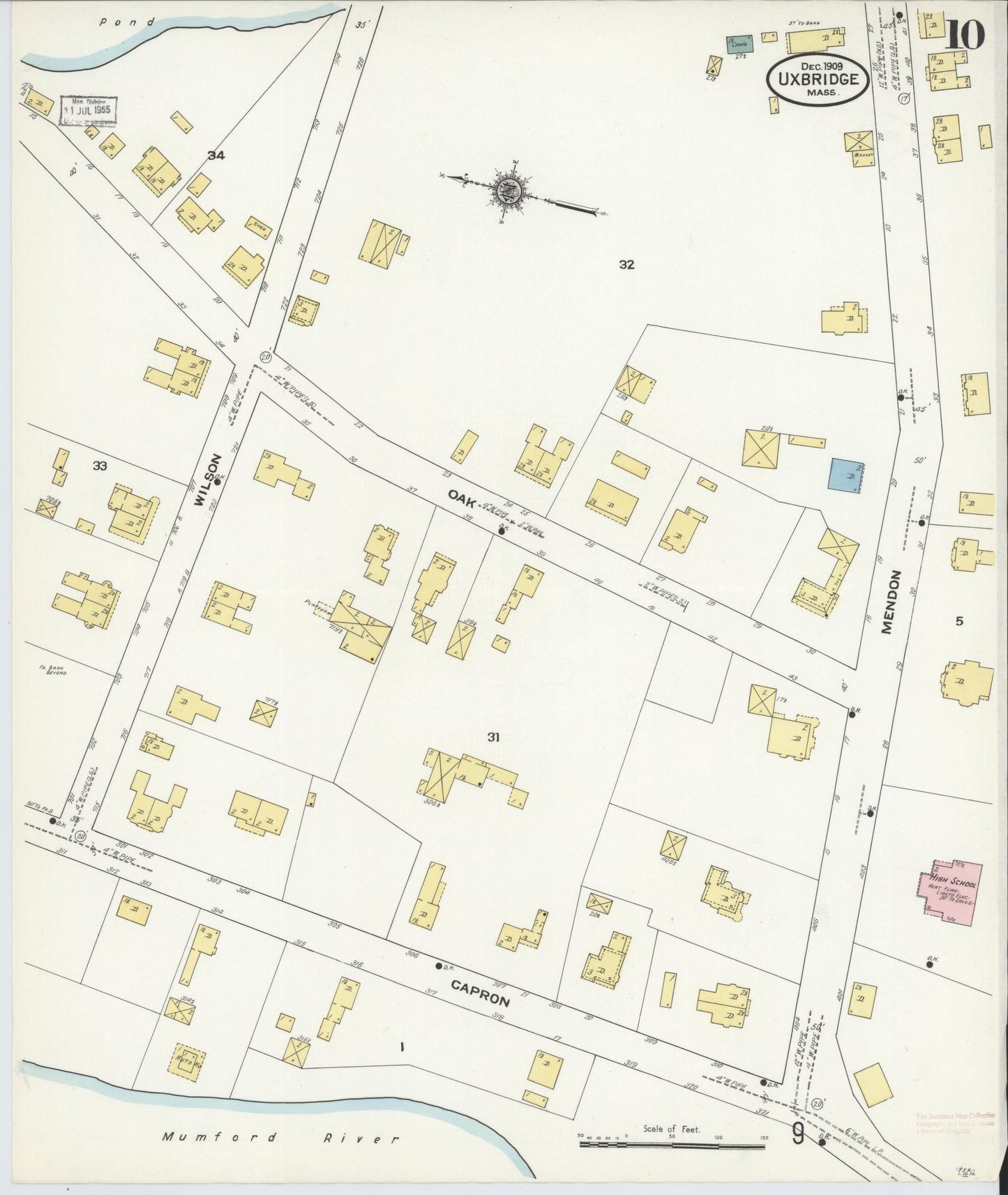 Sanborn Fire Insurance Map from Uxbridge, Worcester County, Massachusetts (1909), Sheet #0010 - Historic Sanborn Fire Insurance Map Print, vintage old map wall art, antique decor, genealogy gift, Massachusetts Massachusetts map