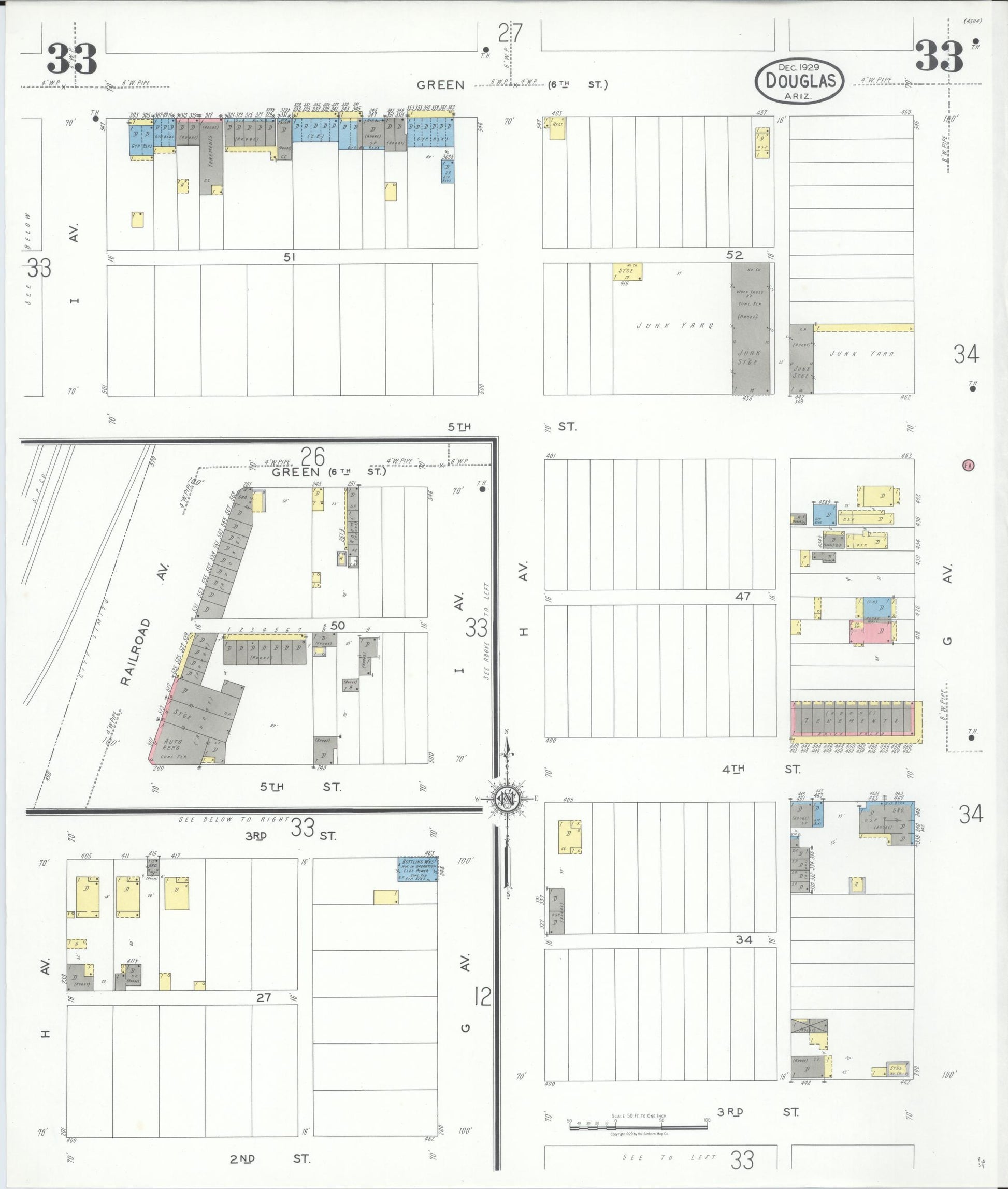 Sanborn Fire Insurance Map from Douglas, Cochise County, Arizona (1929), Sheet #0033 - Complete Map Set gallery image, historic Sanborn map, vintage wall art, Arizona Arizona