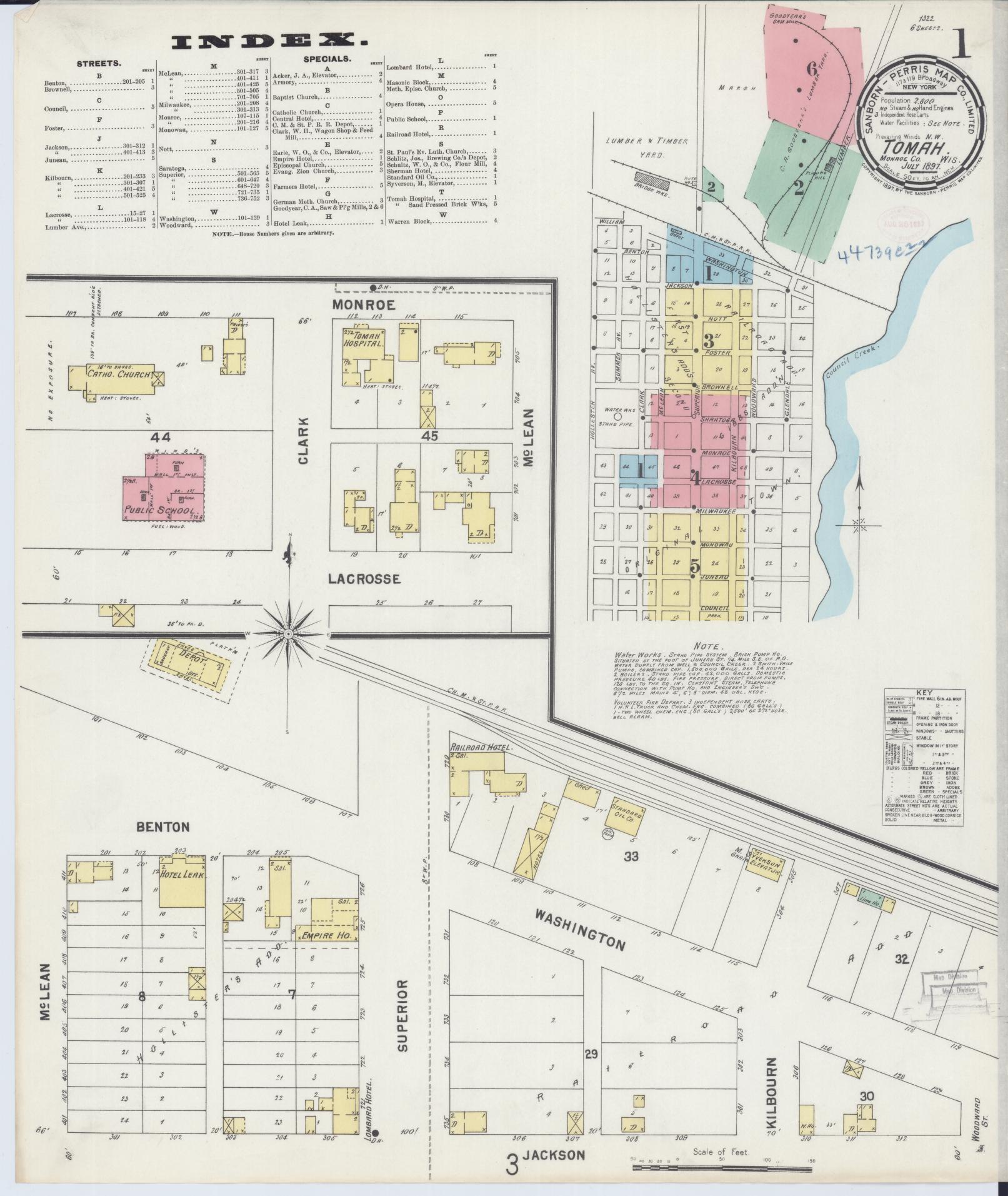 Sanborn Fire Insurance Map from Tomah, Monroe County, Wisconsin (1897), Sheet #0001 - Historic Sanborn Fire Insurance Map Print, vintage old map wall art, antique decor, genealogy gift, Wisconsin Wisconsin map