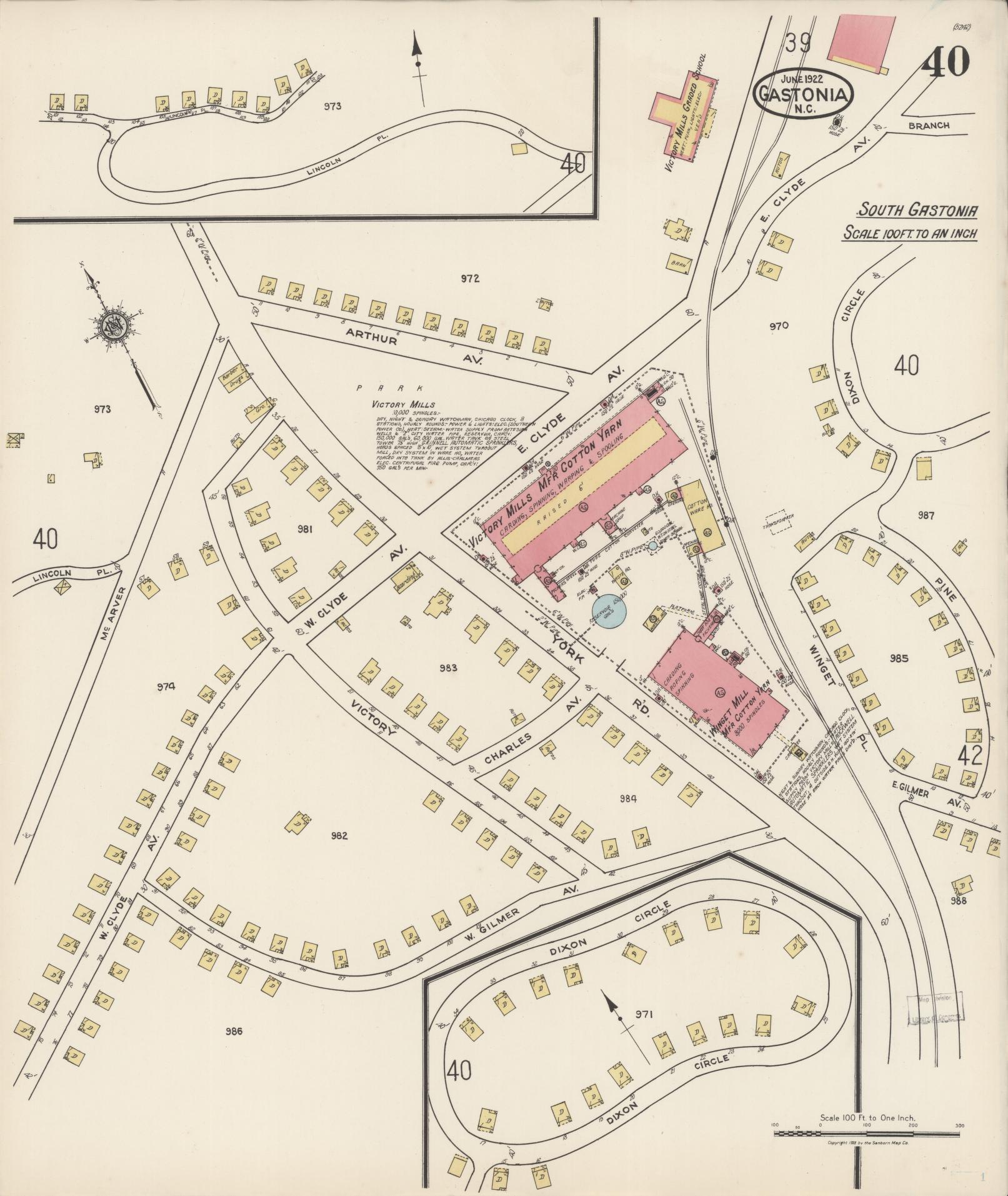 Sanborn Fire Insurance Map from Gastonia, Gaston County, North Carolina (1922), Sheet #0040 - Complete Map Set gallery image, historic Sanborn map, vintage wall art, North Carolina North Carolina