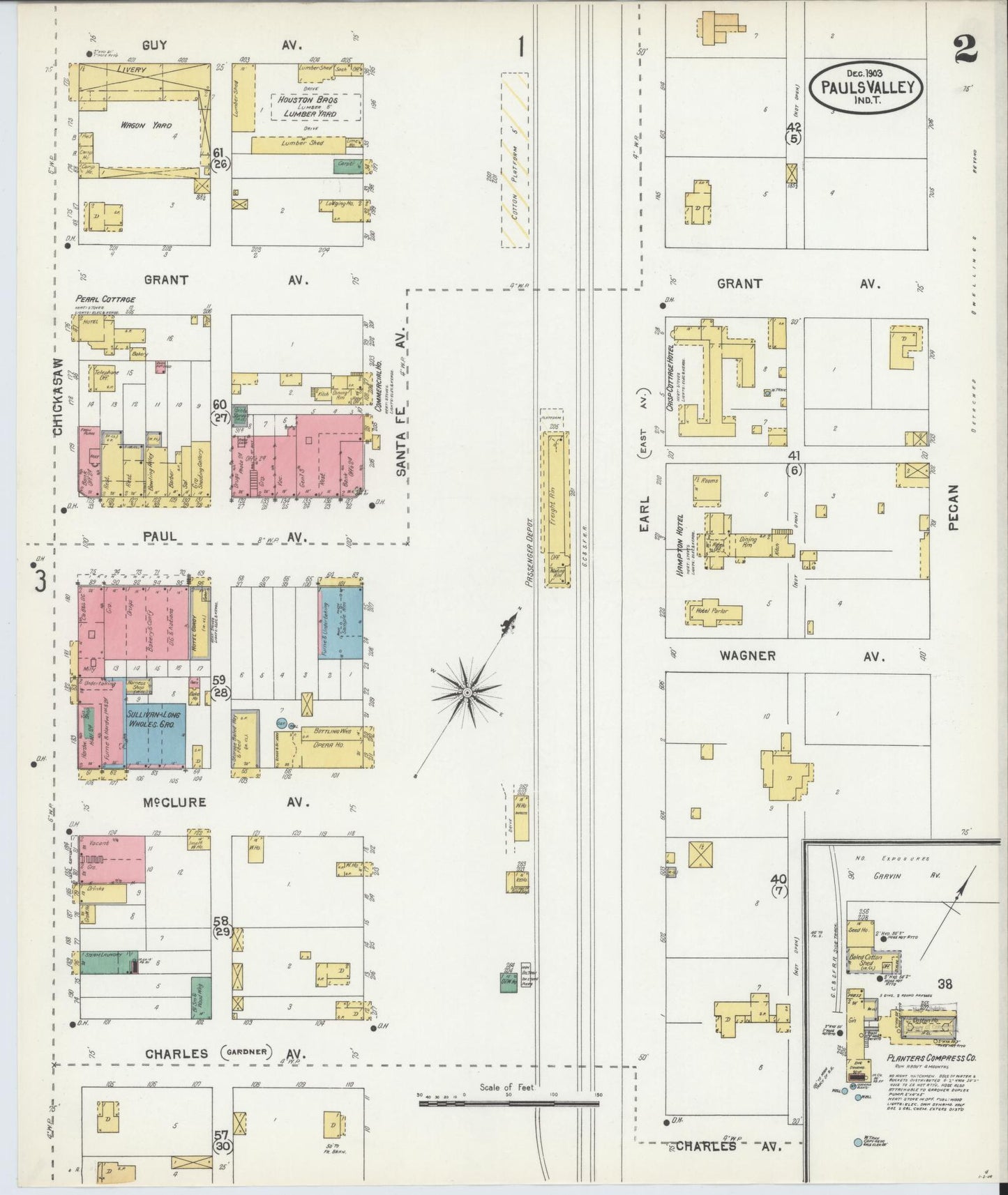 Sanborn Fire Insurance Map from Pauls Valley, Garvin County, Oklahoma (1903), Sheet #0002 - Historic Sanborn Fire Insurance Map Print, vintage old map wall art, antique decor, genealogy gift, Oklahoma Oklahoma map