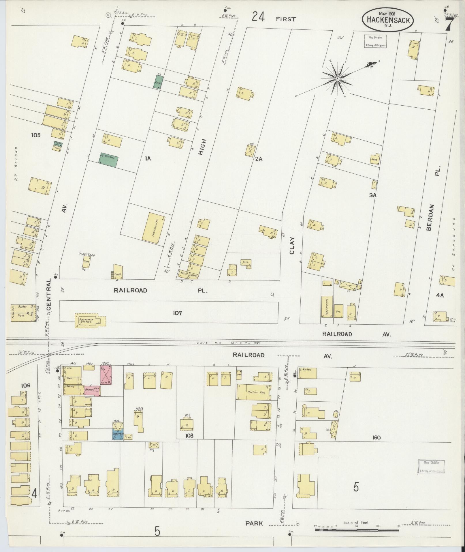 Sanborn Fire Insurance Map from Hackensack, Bergen County, New Jersey (1908), Sheet #0007 - Complete Map Set gallery image, historic Sanborn map, vintage wall art, New Jersey New Jersey