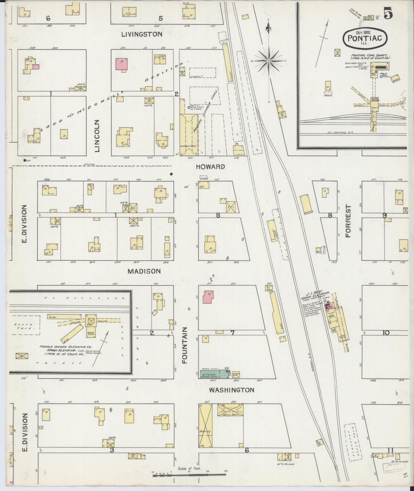 Sanborn Fire Insurance Map from Pontiac, Livingston County, Illinois (1892), Sheet #0005 - Complete Map Set gallery image, historic Sanborn map, vintage wall art, Illinois Illinois